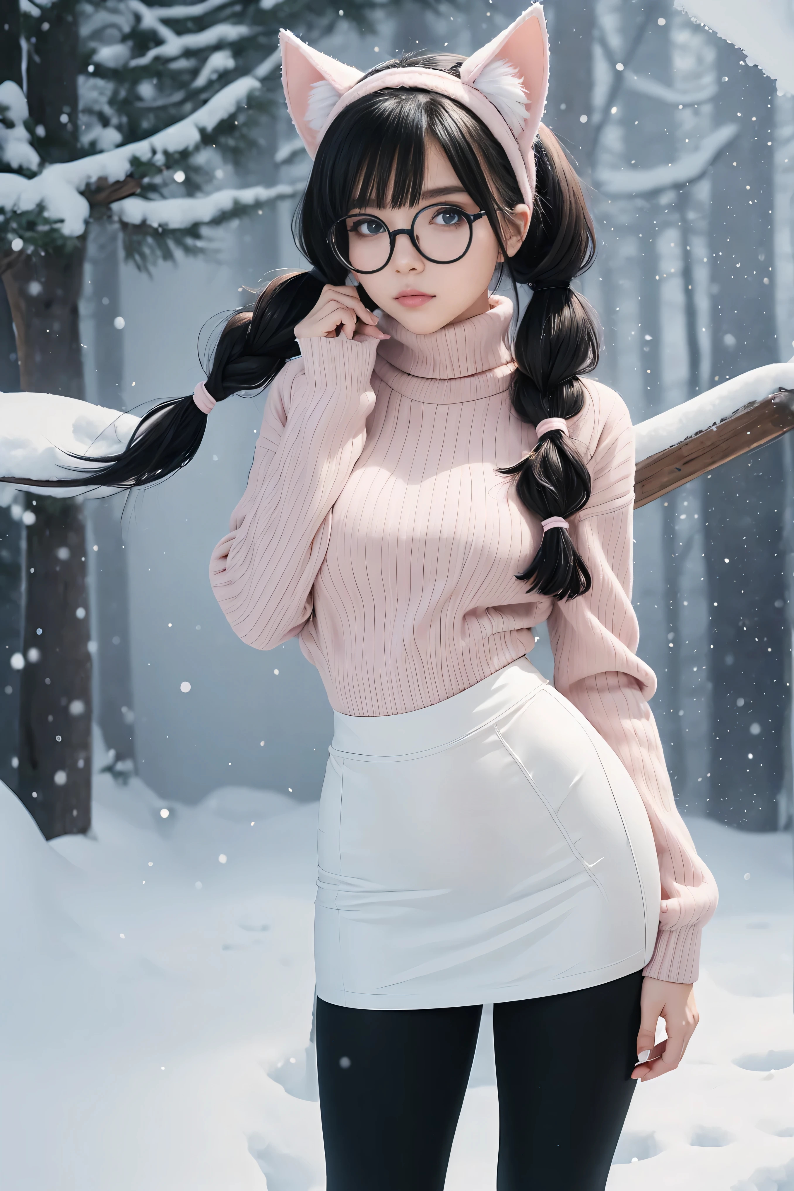 (Best Quality,High resolution:1.2), Ultra-detailed, Realistic portrait, hot Russian girl, pretty face, perfect long legs, full body, tiny waist. large breasts, standing, tight white cropped jumper, black high waist leggings, pink and white snow boots, in the snow, large blue eyes, long black hair tied up with a ribbon, pigtails, tight high waist mini skirt, woolen socks, hair bangs, snowing, foggy, (large round black rimmed glasses), cat ears, hourglass figure