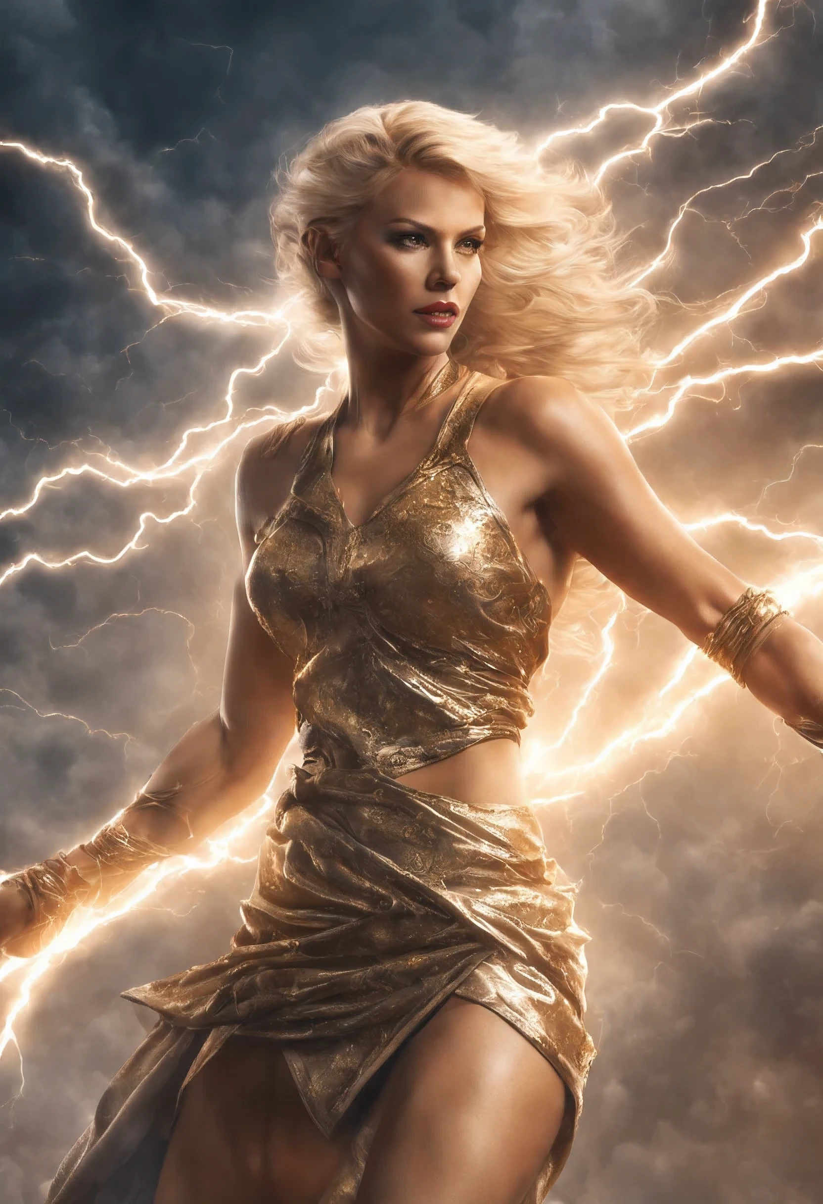 photorealistic, realistic photo, woman, Beautiful blond goddess, powerful, majestic, wearing a short skirt made of bandages, transparent tunic. stiletto sandals with high-tied gold laces (to the knees). Gold ornaments, short straight hair, blue eyes. The woman wrapped in lightning flies into the sky,Send out thunder and lightning beautiful lighting, stand in power pose, imessive background, 8k, film grain, depth of field, HDR, RAW photo,
