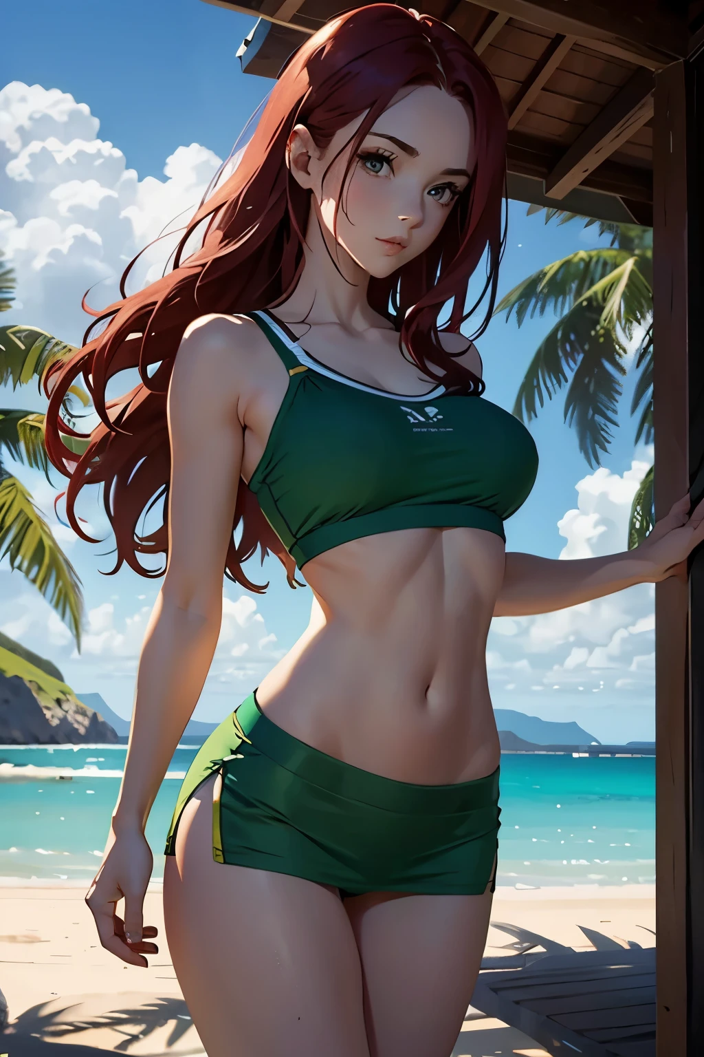 Irish girl in a green short beach top, green short skirt and high stockings, top-quality, realisitic, ultra-detailliert, Versatile sexy poses、long bright red hair, Brown-eyed, slender, dynamic light and shadow, hight resolution, sharp focus, depth of fields, realistic pupils. (Thigh thickness: 1.0), beautiful and sexy body, slender body, perfect body, in a very tight and very cute top, cowboy shot, an Irish landscape around