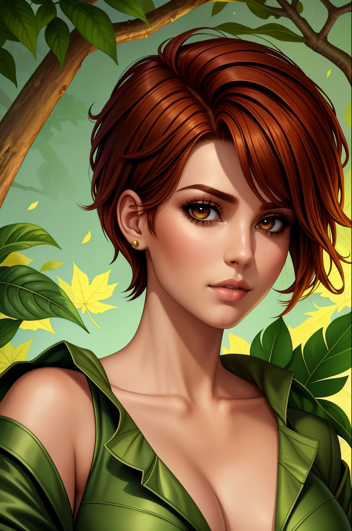 a  portrait of a durable [babe|temptress] , druid, leaf robe, perfect face, pretty face, brown eyes, auburn hair, Hi-top fade, very short hair, flat chest, lush detail, absurdres, clothes made of leaves