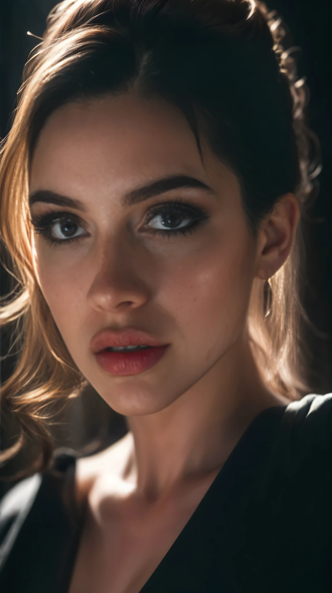 (((ultra realistic))) Photo, masterpiece, top quality, (pale skin), (Ultra detailed face and eyes:1.3), 1 girl, Adult, in a T-shirt, (Eye makeup, mascara) , ((large detailed lips)), ((Dark wavy hair)), ((Chyolka)) , ((Natural breasts)). ((Posing)), photoshoot, studio (soft lighting), (The play of light and shadows), depth of field, bokeh, (special attention to skin detail: 1.2), (Dark atmosphere of the frame, Dark color scheme), ((portrait, close to the camera top view)) , ultra detialed, 