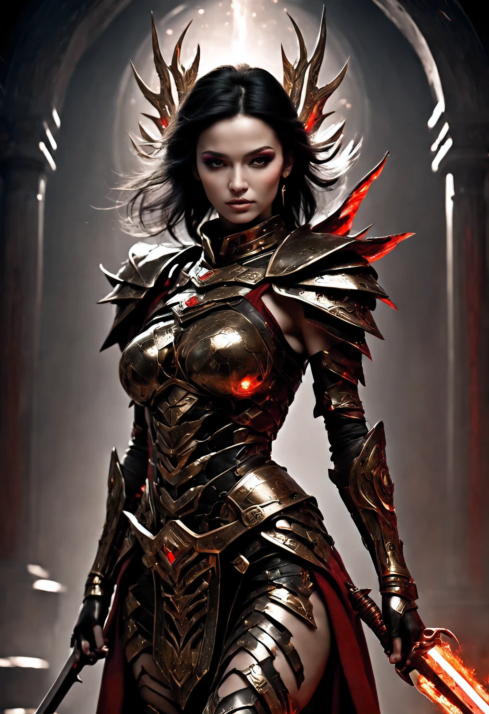 (ultra-realistic),dark fantasy and sci-fi, ultra-realistic photo, ancient woman, 30 years old, strong, beutyfull ancient goddess of war in futuristic world, glowin eyes, wearing transparent tunic and armor, treacherous smile, beautiful and long legs. Knee-high armored boots. visible thighs. magical tattoo. dark makeup. bloody and red and black and gold ornaments, sword, spears, powerfull, magical, smok elemental, imersive background, film grain, depth of field, HDR, RAW photo, best quality, masterpieces,