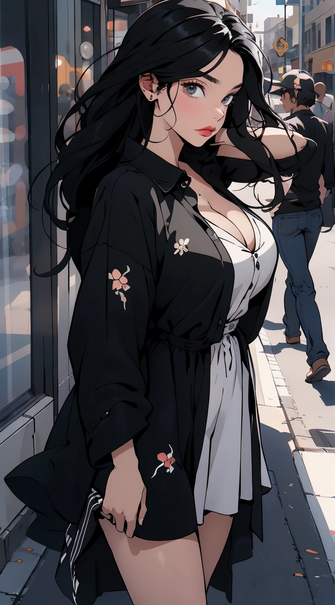 fashionable, long black hair, soft expression, cleavage, big breasts, dress, street clothes, on the street, cowboy shot