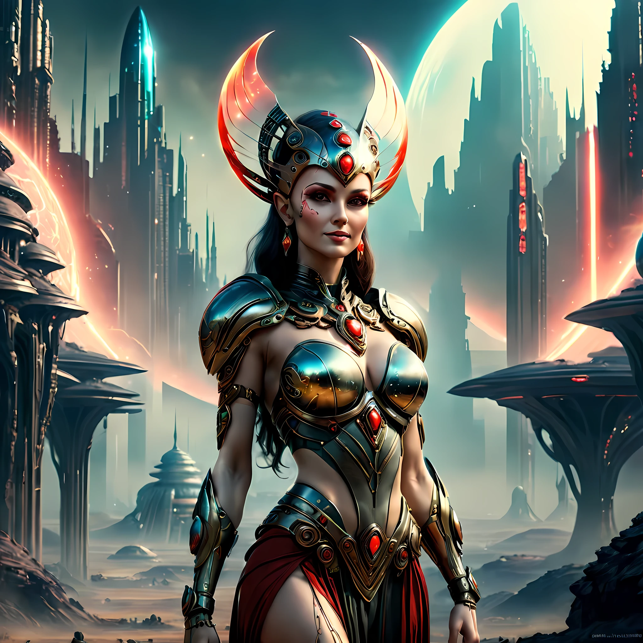 (ultra-realistic),mix of fantasy and sci-fi, ultra-realistic photo, ancient woman, 30 years old, strong, beutyfull ancient goddess of love in futuristic world, glowin eyes, wearing transparent tunic and little light armor, flirtatious smile, beautifull long legs. . magical tattoos. little makeup. red and black and gold ornaments, spears, powerfull, magical, stands in a flirtatious pose, imersive background with alien planet city landscape, film grain, depth of field, HDR, RAW photo, best quality, masterpieces,