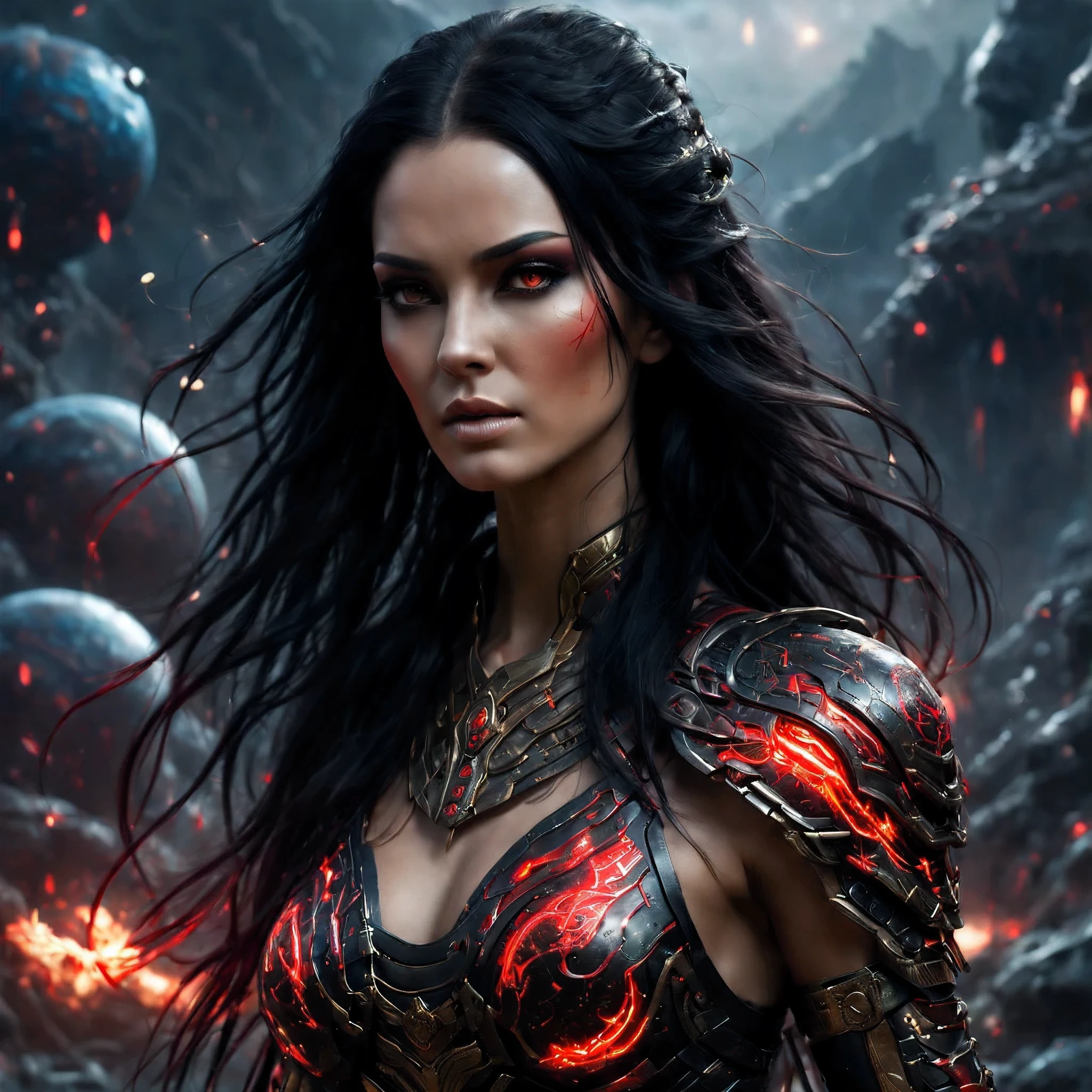 (ultra-realistic),mix of fantasy and dark sci-fi, ultra-realistic photo, ancient woman,  25 years old, strong, beautyfull ancient goddess of war in futuristic world, glowin eyes, long black hair with red highlights combed strongly back, a few strands fall on the face. She's wearing transparent tunic and light armor, dangerous and angry look, beautifull long legs. magical glowing tattoos on neck and arms. little Dark makeup. red and black and gold ornaments, powerfull, magical, stands in a dynamic action pose on clif inbmiuntains. she hold big spear. imersive background with alien Water planet and city landscape, film grain, depth of field, HDR, RAW photo, best quality, masterpieces, Cinematic, Cinematic Shot, Cinematic Lighting