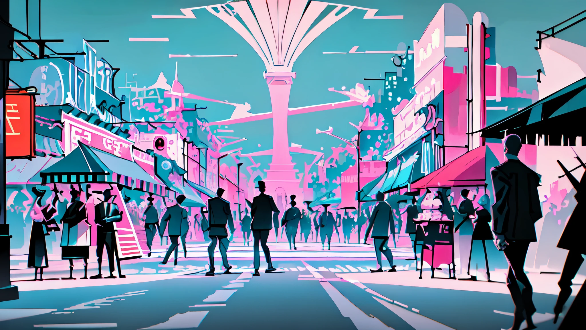(best quality,4k,8k,highres,masterpiece:1.2),ultra-detailed,realistic,vivid colors,sharp focus,(neon,vibrant) Lofi nostalgia liminal space,divine luminescent,ominous road signs,purple,pink,sky,city,night,futuristic,retro,film grain,empty streets,glowing neon lights,reflection,hourglass,quiet atmosphere,tranquil vibes,ambient music,dreamy feeling,cozy settings,jazz cafe,vaporwave aesthetic,nostalgic vibes,faint city sounds,faded memories,loneliness,metropolitan solitude,mysterious figures,late-night wandering,hidden meaning,inner thoughts,melancholic emotions,embrace tranquility.