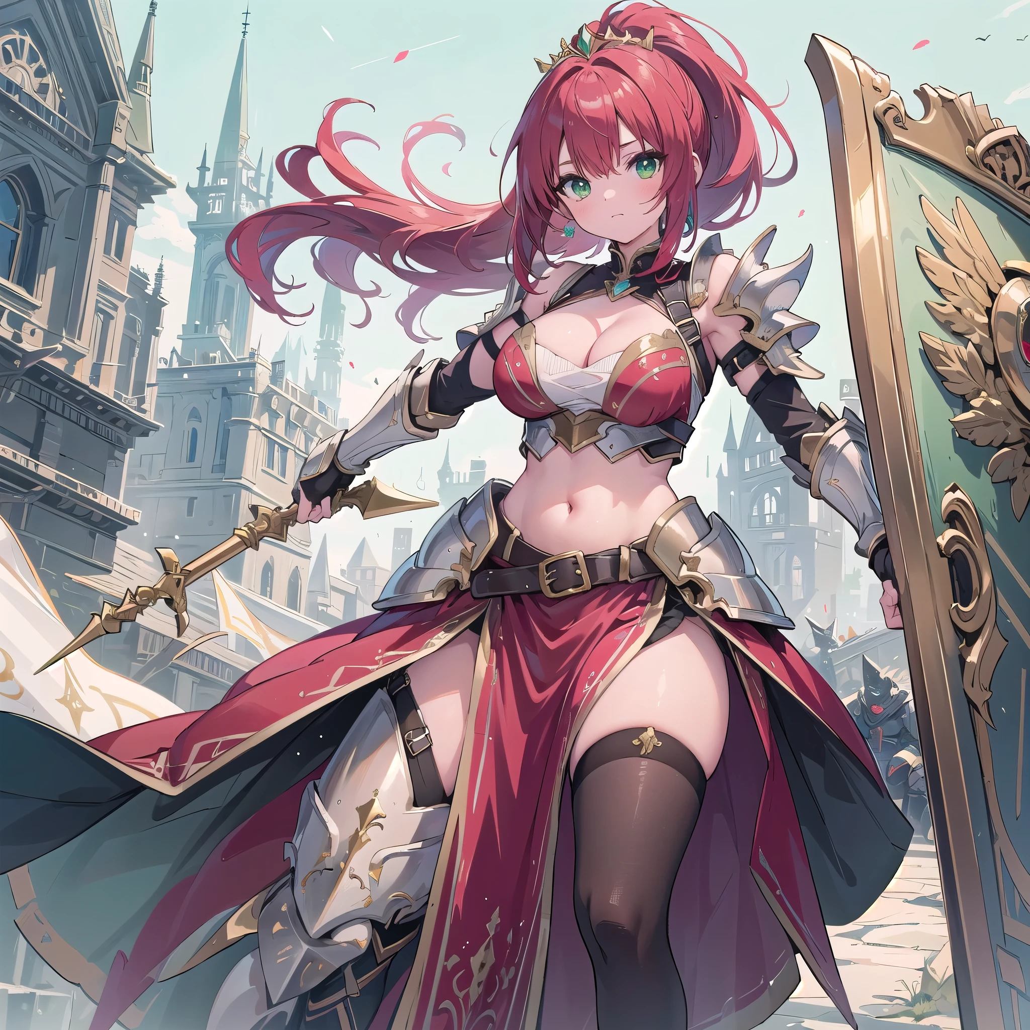 (masterpiece), best quality, fantasy art, 1girl, (solo:1.5), a female knight in metal armor with gold decoration holding a huge lance and a shield, ((red_dress)), white_armor,cropped shoulders armor, plate armor, armor dress,gauntlets, red hair, ponytail, (long hair), (green_eyes), ruby tiara, cleavage, thighs, thighhighs, weapeon, melee_weapons, shield, vivid color,Combat stance using a lance, big tits, exposed belly