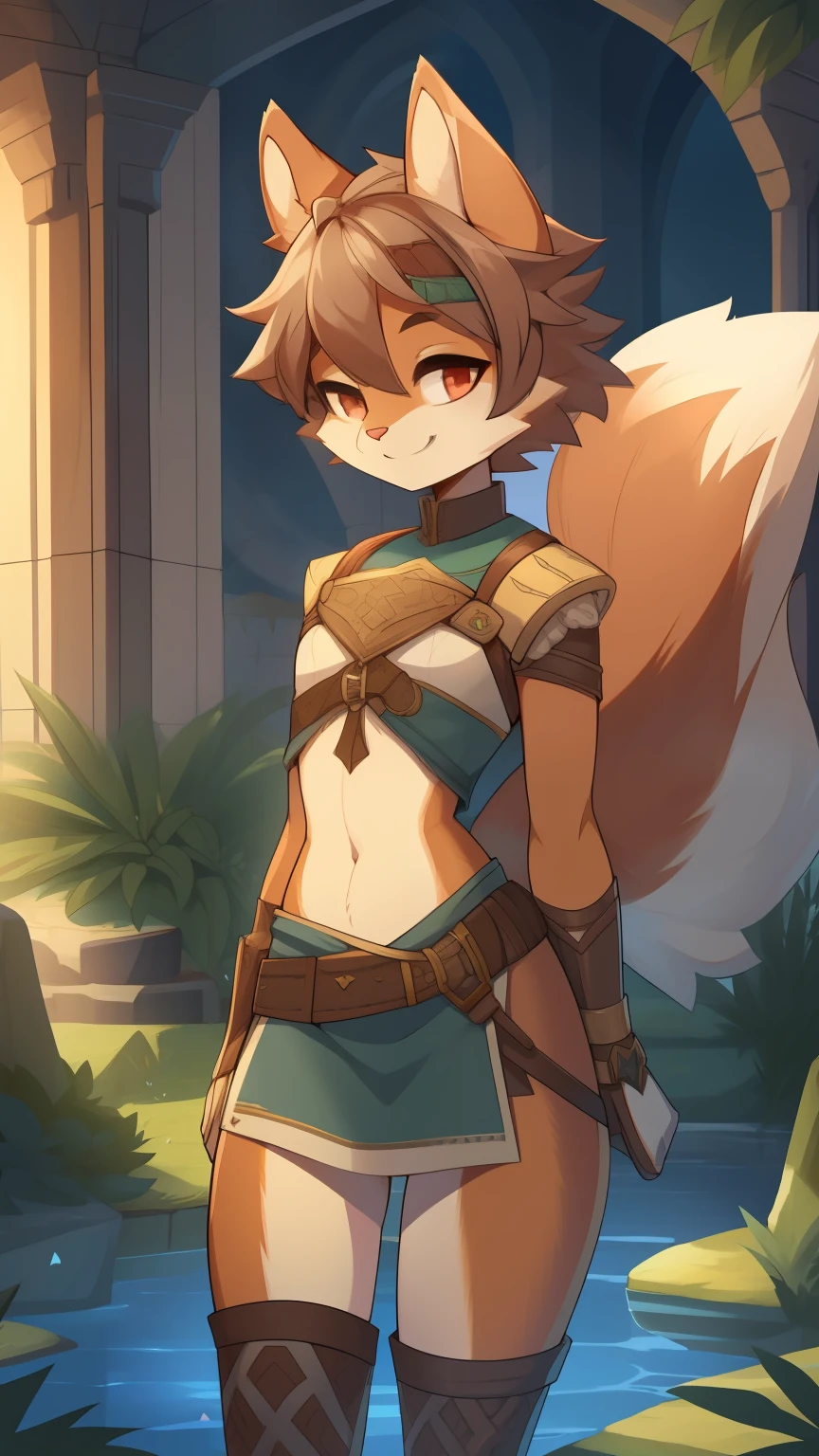 Best quality, Super detailed illustration, (fluffy squirrel boy:1.4) , feminine face and body, disheveled thick hair, Adventurer Equipment,  smug smile, Half-closed eyes , Femboy, small waist, wide hips, Slim, Perfect body, DND style