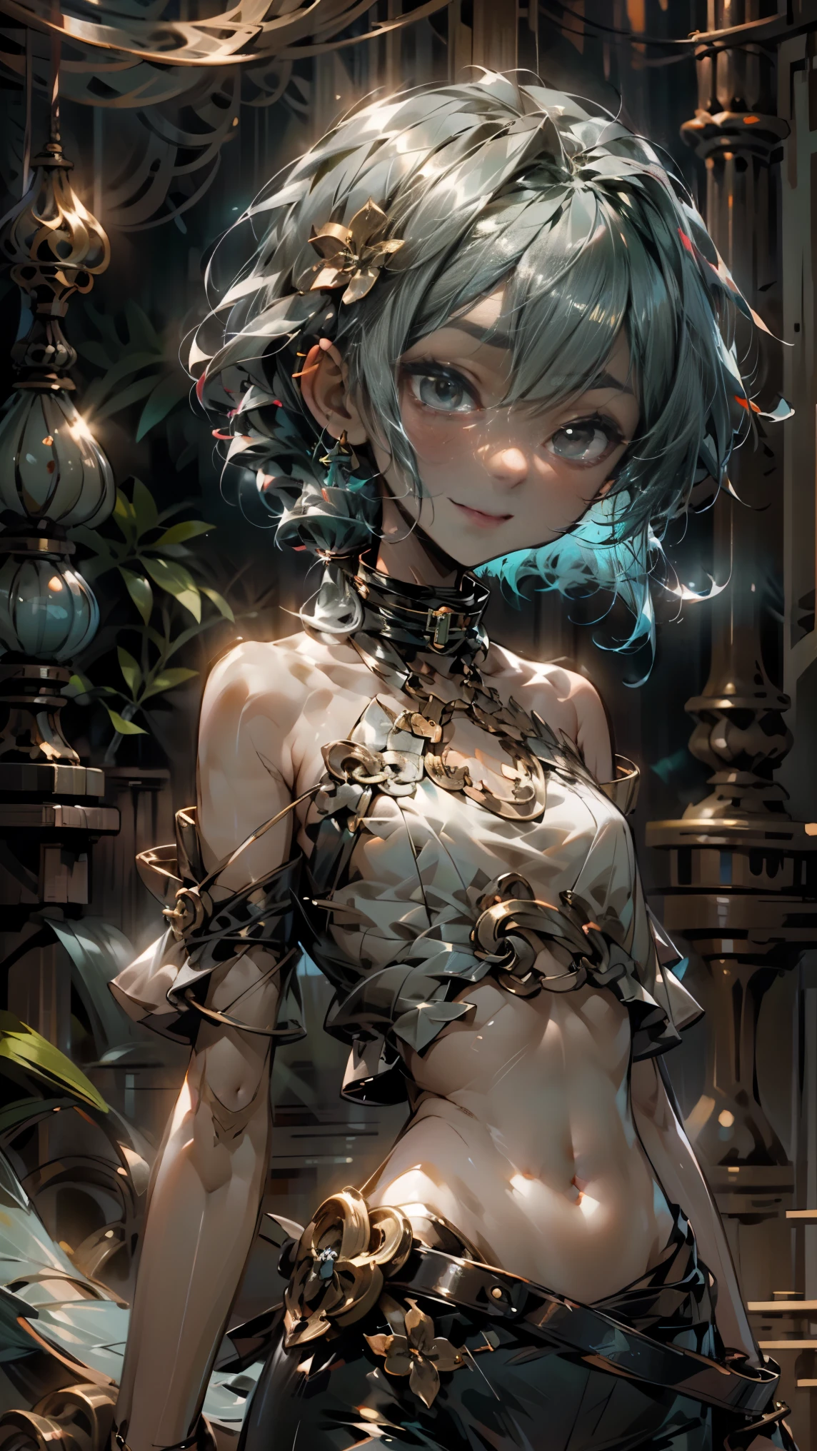 One cute dragon girl (18-year-old), (black glassy skin:1.1), Machine body, black eyes, Upper body, slim waist, natural small breasts, sexy pose, fascinating look, bangs, random hairstyle, cleavage, belly button, collar, collarbone, off shoulder, enchanting smile, Wear hot and sexy outfits with intricate details, Dragon Costume, olive, random light color, whole body. flat gray color for background