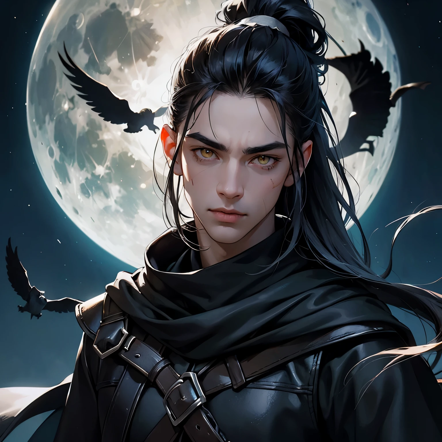 Create a face card portrait for a character description, an young teenage male character with long black hair tied into a ponytail, some strands on his face, glowing yellow eyes, a scar on his left eye, wearing a black scarf, wearing an all black sleek fantasy medieval leather gear, angry, he's very handsome, dark theme, detailed background of the silver full moon and dark silver sky with birds, dark blue colors, very close up picture with face, detailed, 4k