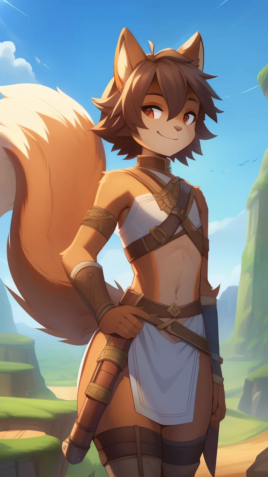 Best quality, Super detailed illustration, (fluffy squirrel boy:1.4) , feminine face and body, disheveled thick hair, Adventurer Equipment,  smug smile, Half-closed eyes , Femboy, small waist, wide hips, Slim, Perfect body, DND style