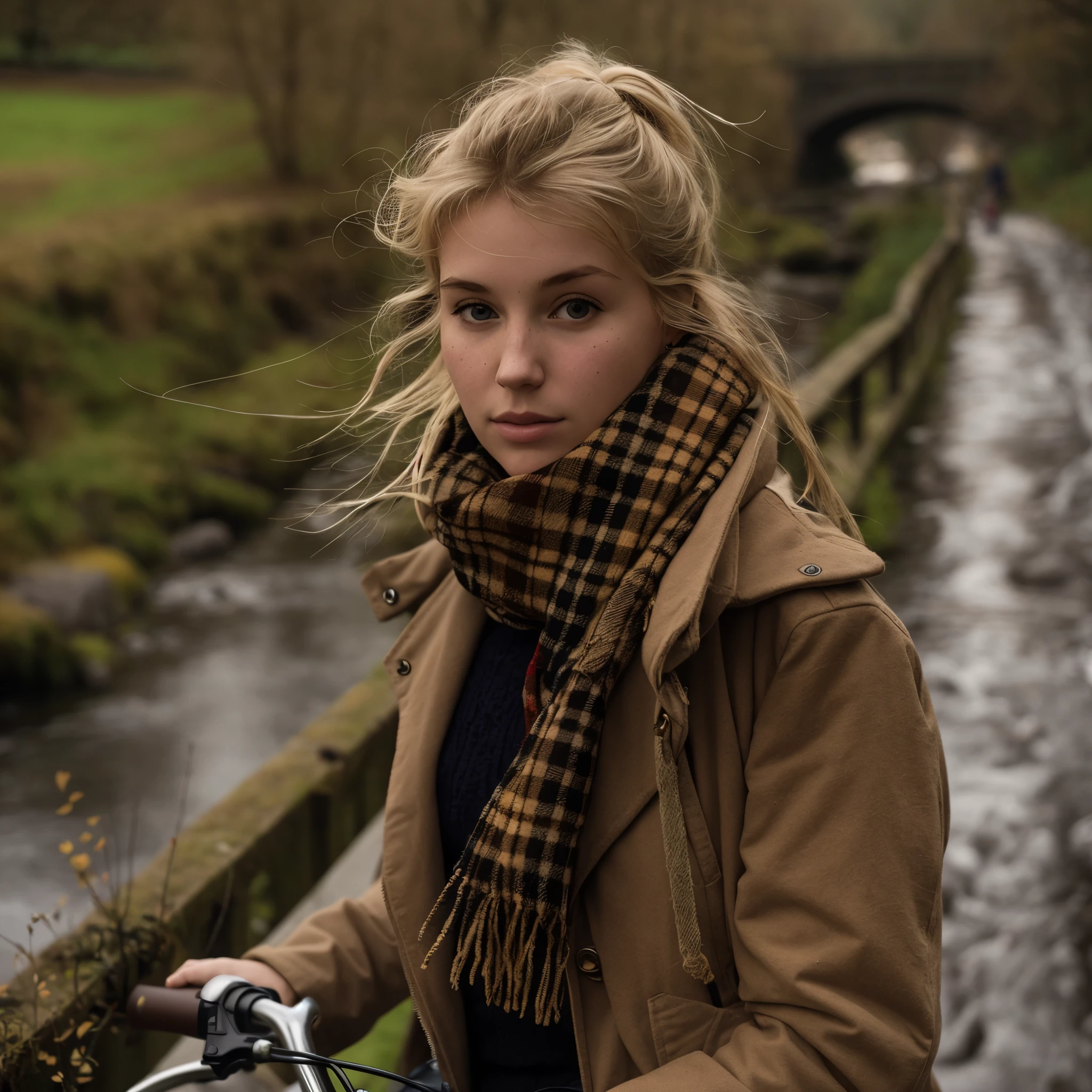 blond woman with scarf and bicycle on bridge over a stream, on a bridge, beautiful model, beautiful blonde girl, young blonde woman, close up portrait shot, a girl with blonde hair, infp young woman, 50mm portrait, blonde woman, portrait shot, perfect portrait composition, portrait of nordic girl, by John Henderson, blonde girl, by John Murdoch