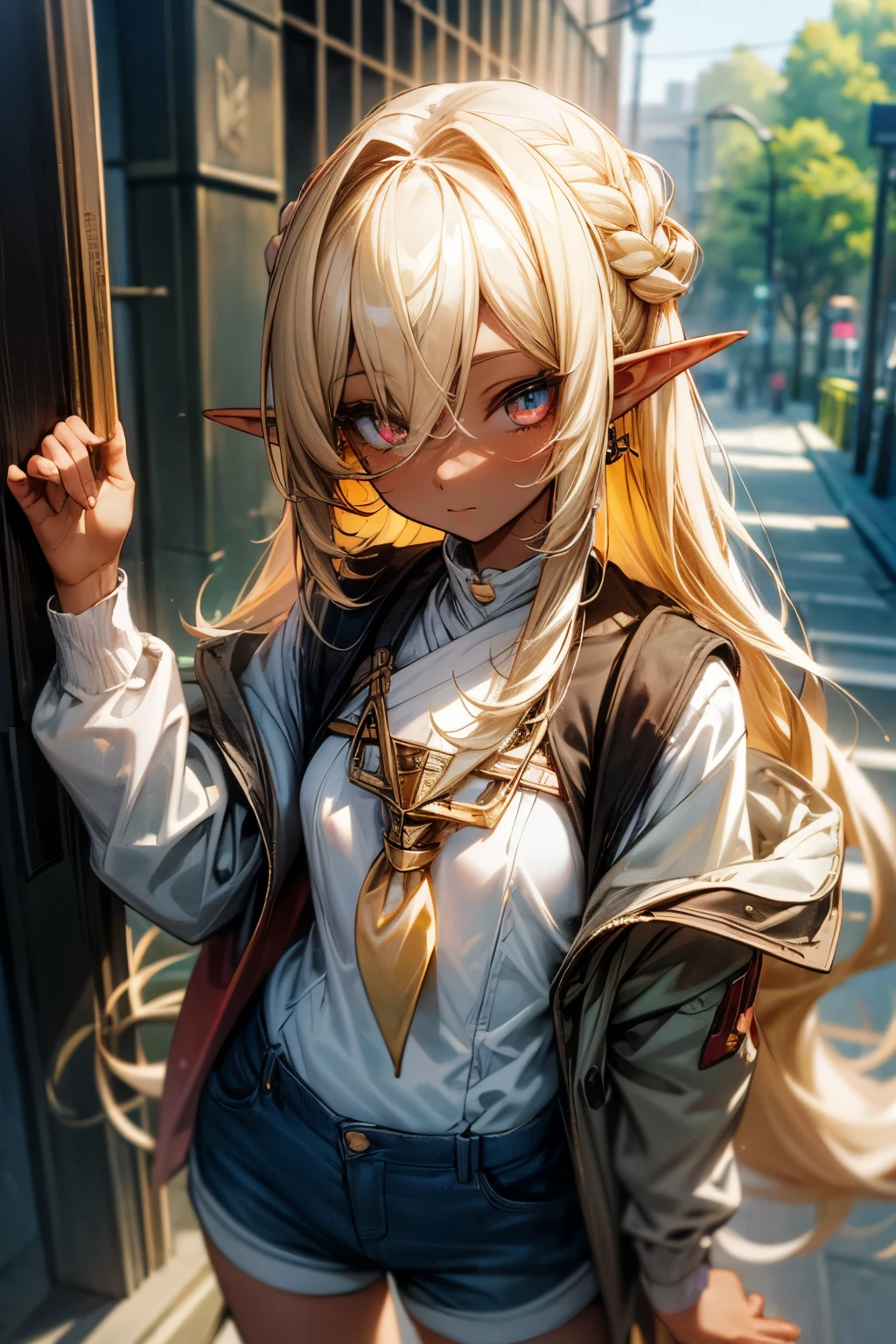 ((Masterpiece)), (Anime:1.3), ((best quality)), (RAW photo:1.2), (High Definition:1.3), (Professional Photography:1.2), (), (1girl), cute young girl, from above, BREAK, (fingersmile:1.3), (Beautiful dark daiamond eyes:1.5), (dark skin), elf girl, wear a long cardigan, flat chest, slender waist, BREAK, (hair over eyes:1.2), very long bangs, Silky straight hair, very long transverse hair, ((blond hair)), wear a long cardigan, shortpants, on Acropolis Hills,