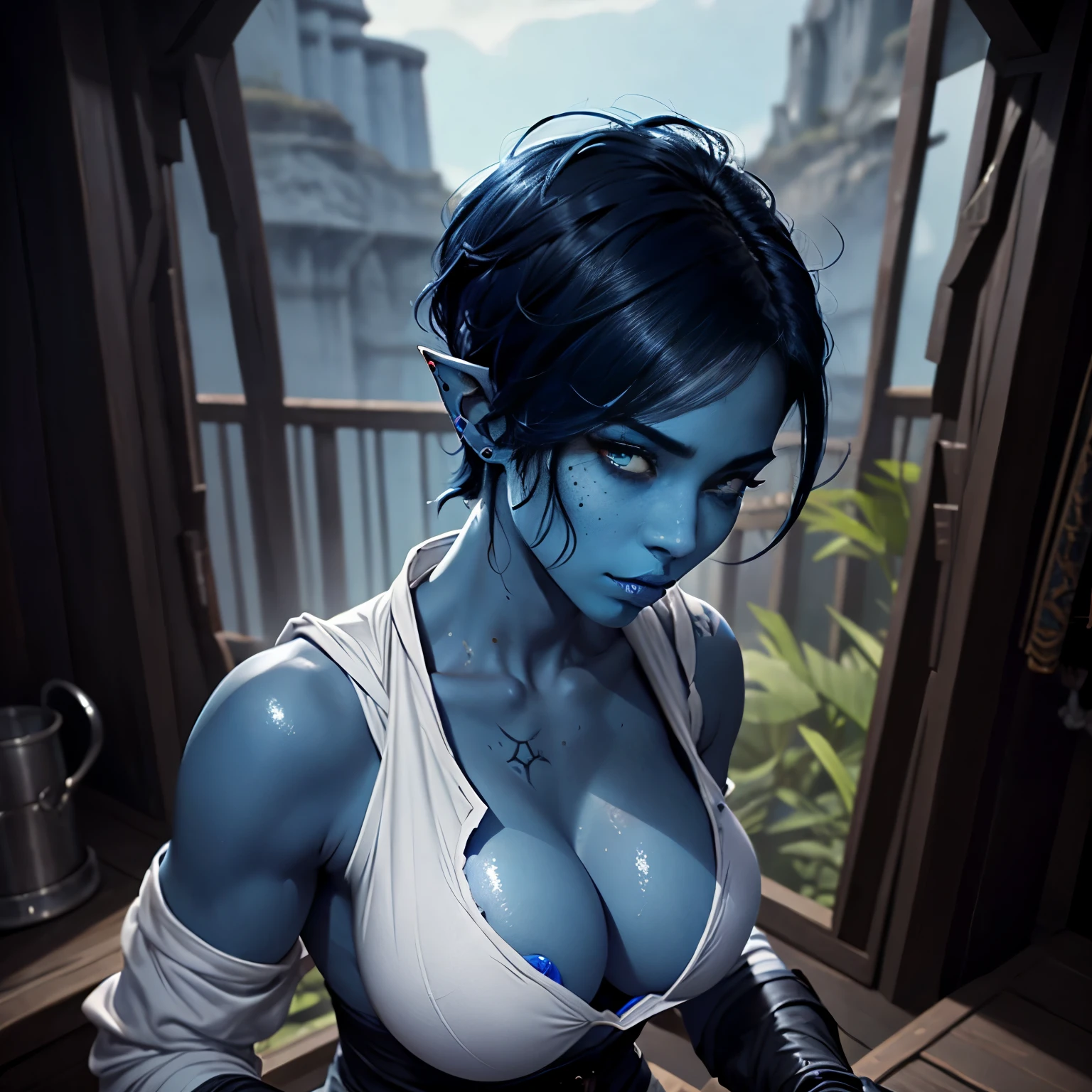 Blue skin, black undercut hairstyle, rogue, fit body, sexy, pov, high resolution , white slime on tits, cum on face, freckles, dick between tits, titty fuck, hands pushing tits together, dildo between tits, sex,  pushed together with hands, penis between , nipples