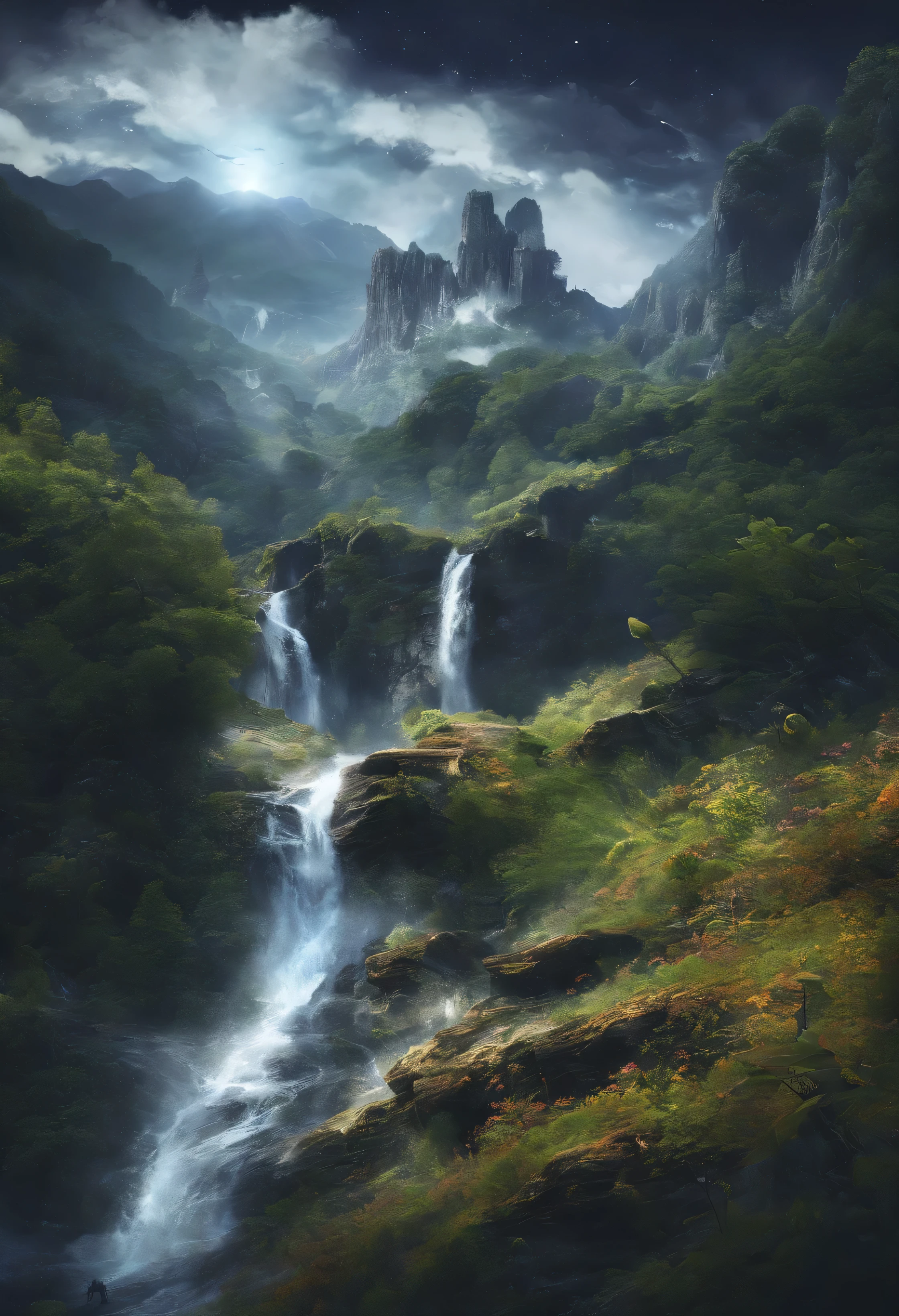 ((masterpiece)), (((best quality))), ((ultra-detailed)), (Amazing:1.1), beautiful, nature, darkness, night, black forest, loneliness, solitude, sky and ground, line cloud, , award winning photo, BLN-L24, Exposure, High Contrast, Low Saturation, High Saturation 8k 3D, F 2.8 lens, Aerial View, Cinematic lighting