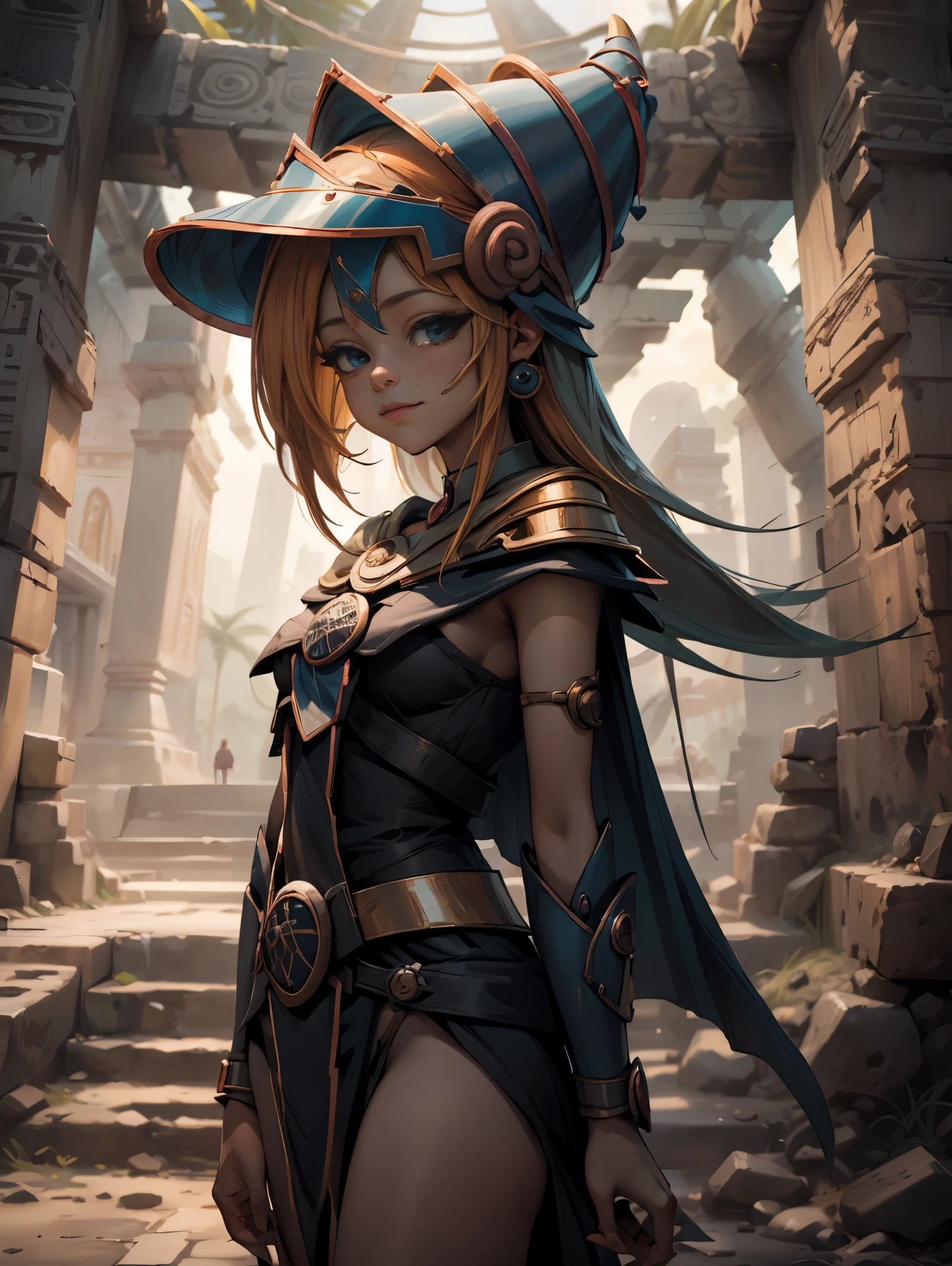 Woman of 25 Dark magician gils Mayan version she is standing, Magic hearts background. Sonrisa en sus labios. Ojos celestes. Cabello dorado. Where to find Mayan ruins . Un ave quetzal vuela a su alrededor