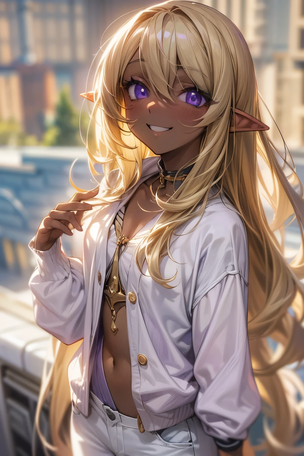 ((Masterpiece)), (Anime:1.3), ((best quality)), (RAW photo:1.2), (High Definition:1.3), (Professional Photography:1.2), (12 years old), (1girl), cute young girl, from above, BREAK, (nervous smile,:1.3), (Beautiful purple daiamond eyes:1.5), (dark skin), elf girl, wear a long cardigan, flat chest, slender waist, BREAK, (hair over eyes:1.2), very long bangs, Silky straight hair, very long transverse hair, ((blond hair)), wear a long cardigan, shortpants, on Acropolis Hills,