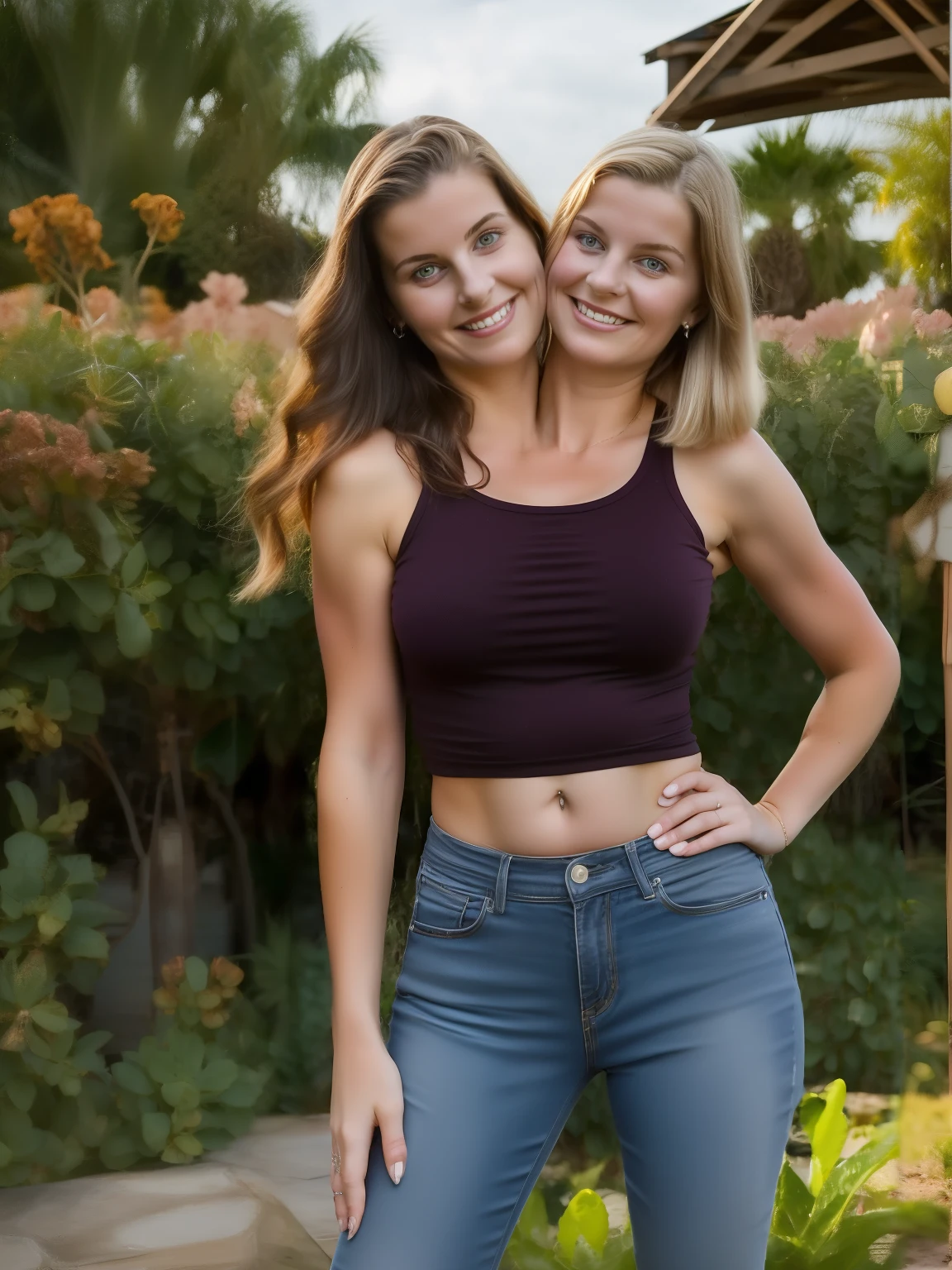 2heads, two headed, (50 year old mom and 16 year old daughter:1.5), left head is old white blonde mom, right head is young daughter, milf body,(different ages:1.5)