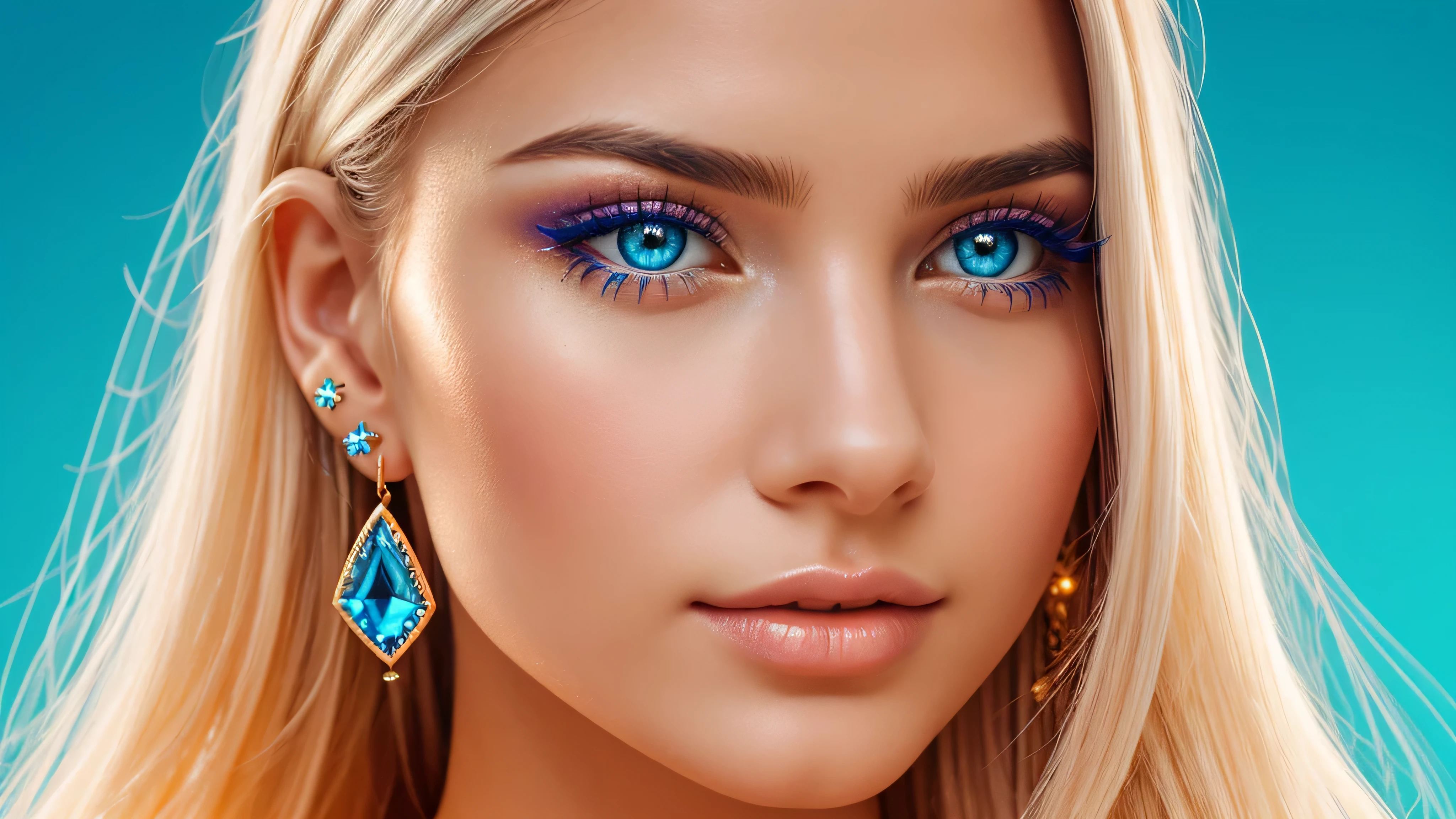 Beautiful realistic girl with BRIGHT WHITE-BLUE long hair ,Close-up of clean skin with detailed skin ,on an orange background ,bright makeup,EARRINGS WITH GLITTERS,high quality,soft colors,