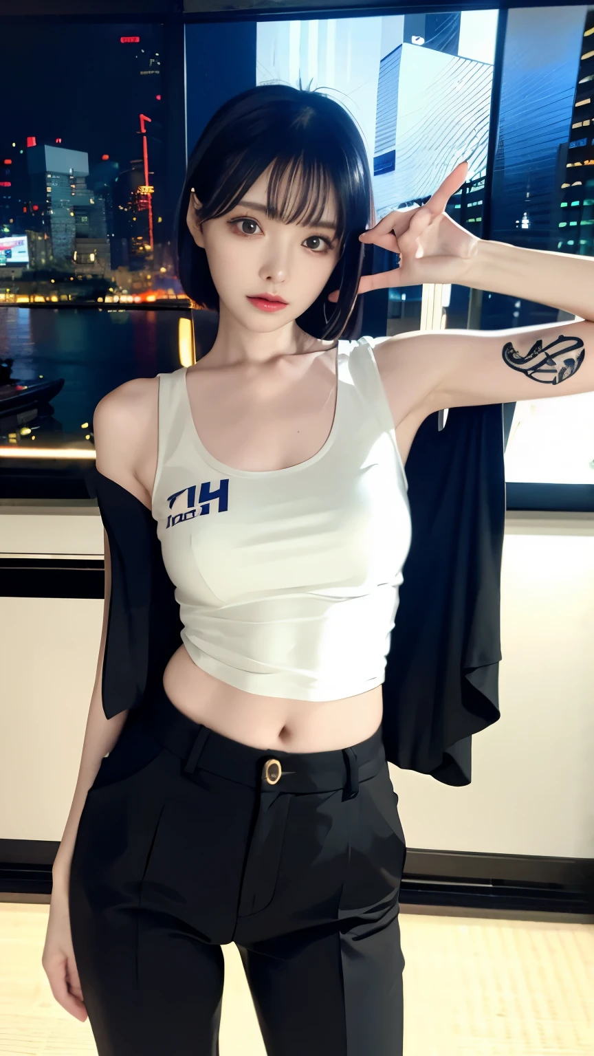 (highest quality)，masterpiece，Super detailed，8K, UHD，Beautiful woman，japanese woman，No expression，whole body，((tattoo))，slim，black slacks，white tank top，(female mafia)，gangster，(cyberpunk city)，night，cinematic lightening，underworld