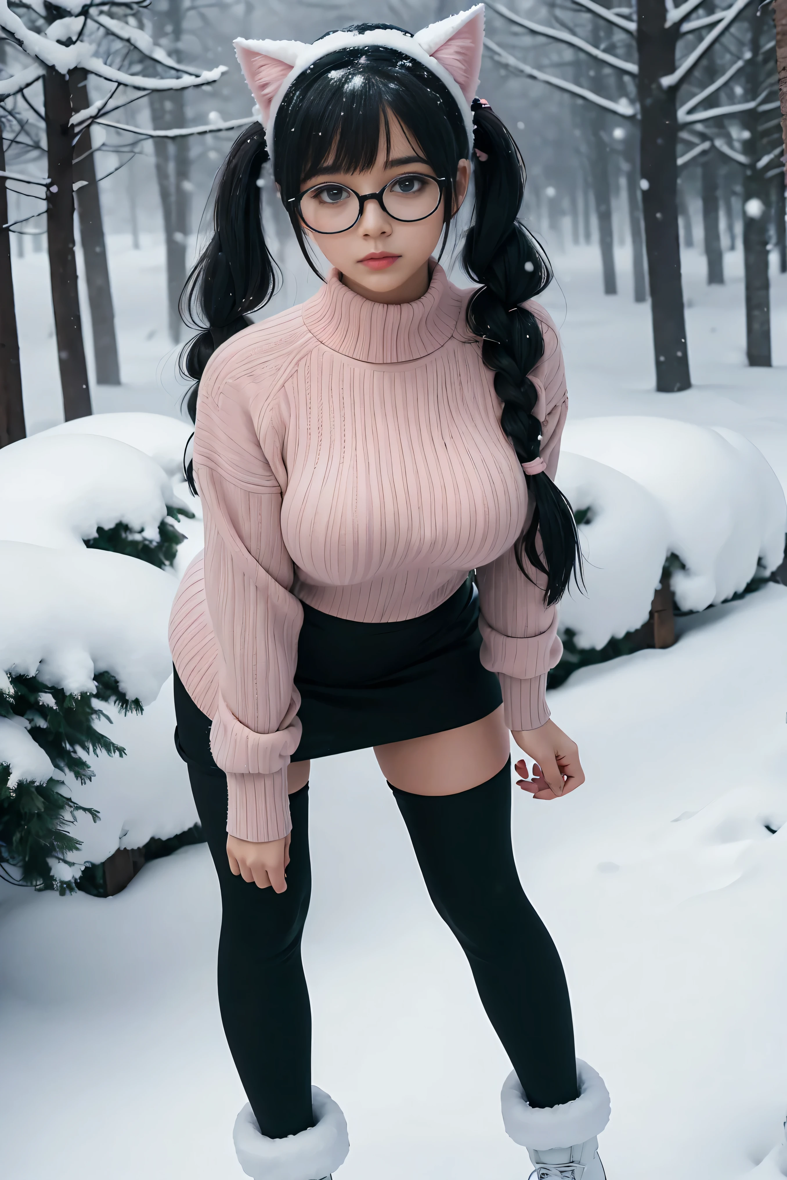 (Best Quality,High resolution:1.2), Ultra-detailed, Realistic portrait, hot very young looking Russian girl, pretty face, perfect long legs, full body, tiny waist. large breasts, standing, tight white cropped jumper, black high waist leggings, pink and white snow boots, in the snow, large blue eyes, long black hair tied up with a ribbon, pigtails, tight high waist mini skirt, woolen socks, hair bangs, snowing, foggy, (large round black rimmed glasses), cat ears, bending over, hands behind back, looking up at camera