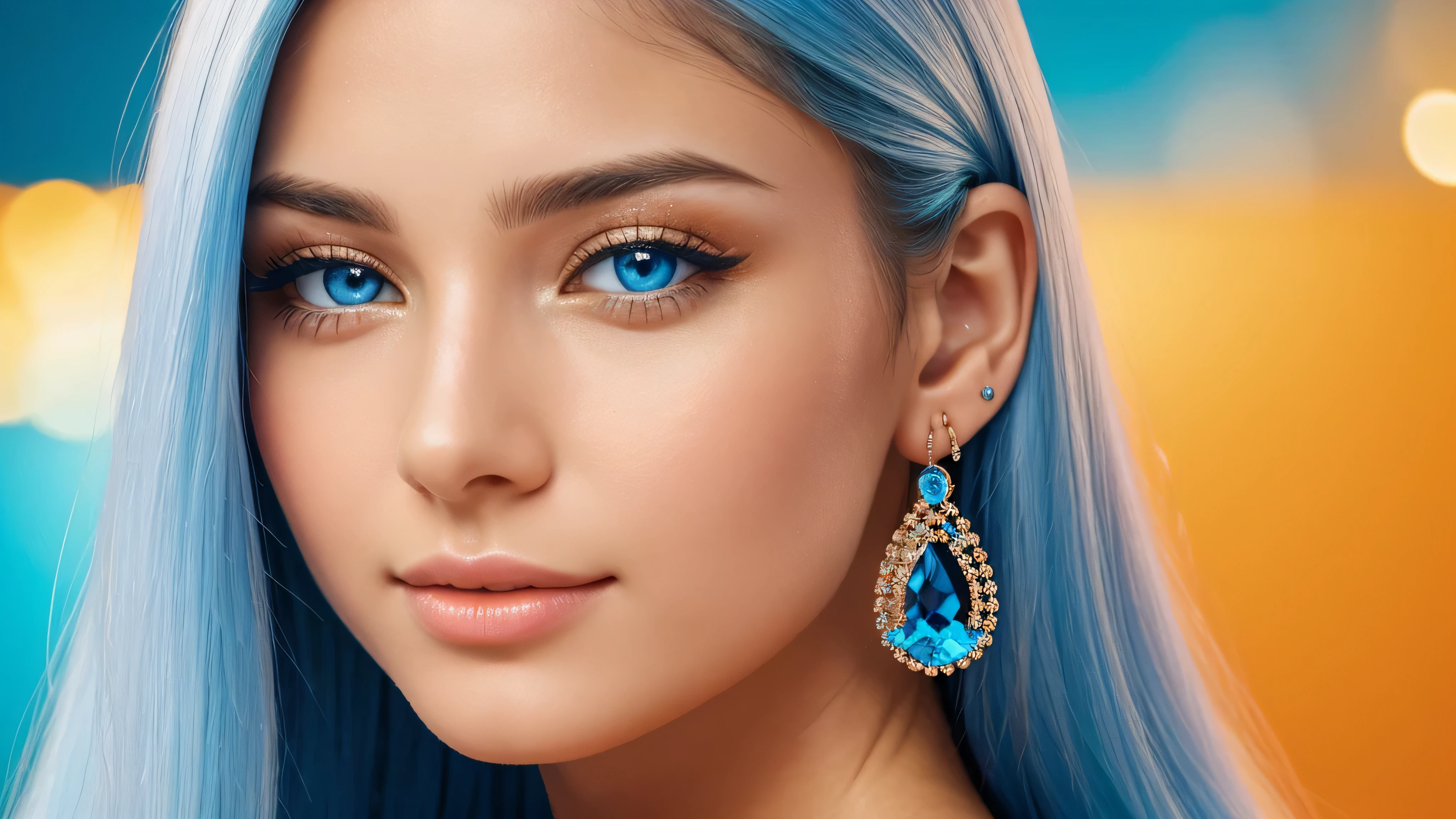 Beautiful realistic girl with BRIGHT WHITE-BLUE long hair ,Close-up of clean skin with detailed skin ,on an orange background ,bright makeup,EARRINGS WITH GLITTERS,high quality,soft colors,