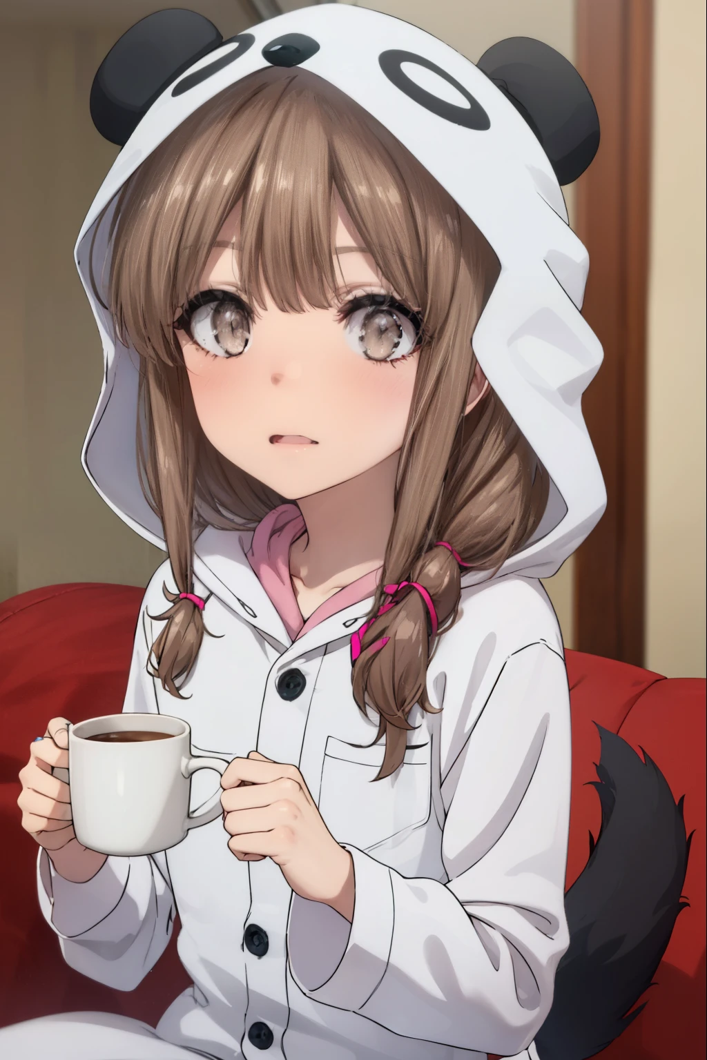 kaedeazusagawa, kaede azusagawa, long hair, bangs, brown hair, (brown eyes:1.5), smile, open your mouth,
break animal ears, tail, hood, pajamas, animal hood, Animal Costumes, panda ears,sitting on the sofa,Holding a mug in both hands,morning,morning日
break indoors,部屋
break looking at viewer, (cowboy shot:1.5),
break (masterpiece:1.2), highest quality, High resolution, unity 8k wallpaper, (figure:0.8), (beautiful detailed eyes:1.6), extremely detailed face, perfect lighting, extremely detailed CG, (perfect hands, perfect anatomy),