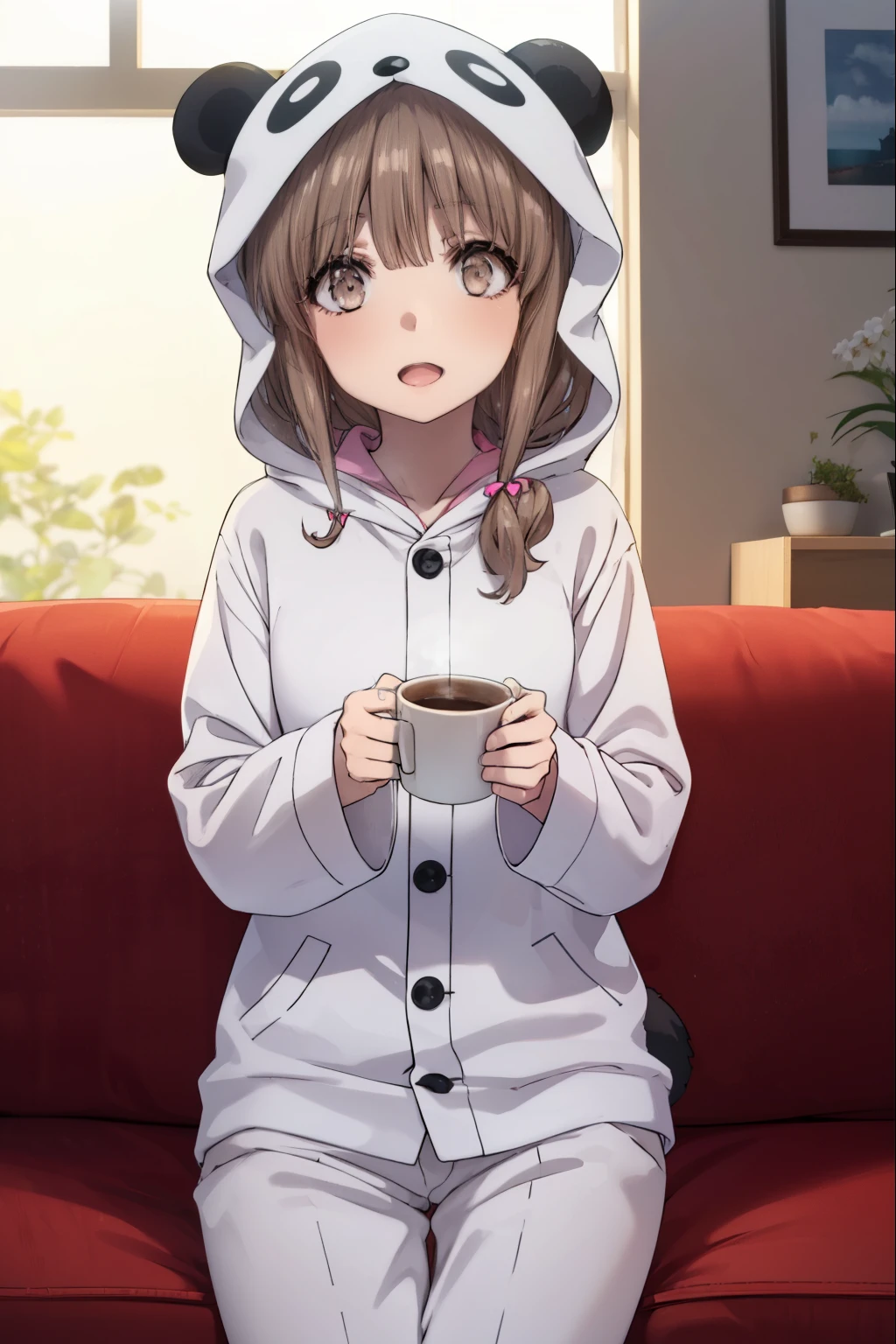 kaedeazusagawa, kaede azusagawa, long hair, bangs, brown hair, (brown eyes:1.5), smile, open your mouth,
break animal ears, tail, hood, pajamas, animal hood, Animal Costumes, panda ears,sitting on the sofa,Holding a mug in both hands,morning,morning日
break indoors,部屋
break looking at viewer, (cowboy shot:1.5),
break (masterpiece:1.2), highest quality, High resolution, unity 8k wallpaper, (figure:0.8), (beautiful detailed eyes:1.6), extremely detailed face, perfect lighting, extremely detailed CG, (perfect hands, perfect anatomy),