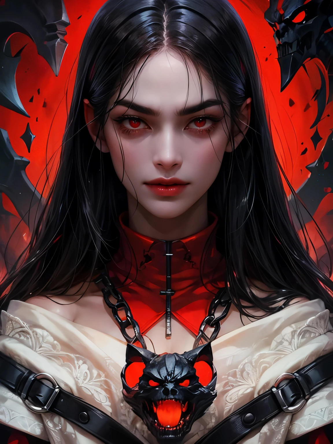 A face card of an evil demon, black skin, long black straight hair, red evil eyes, muscular body