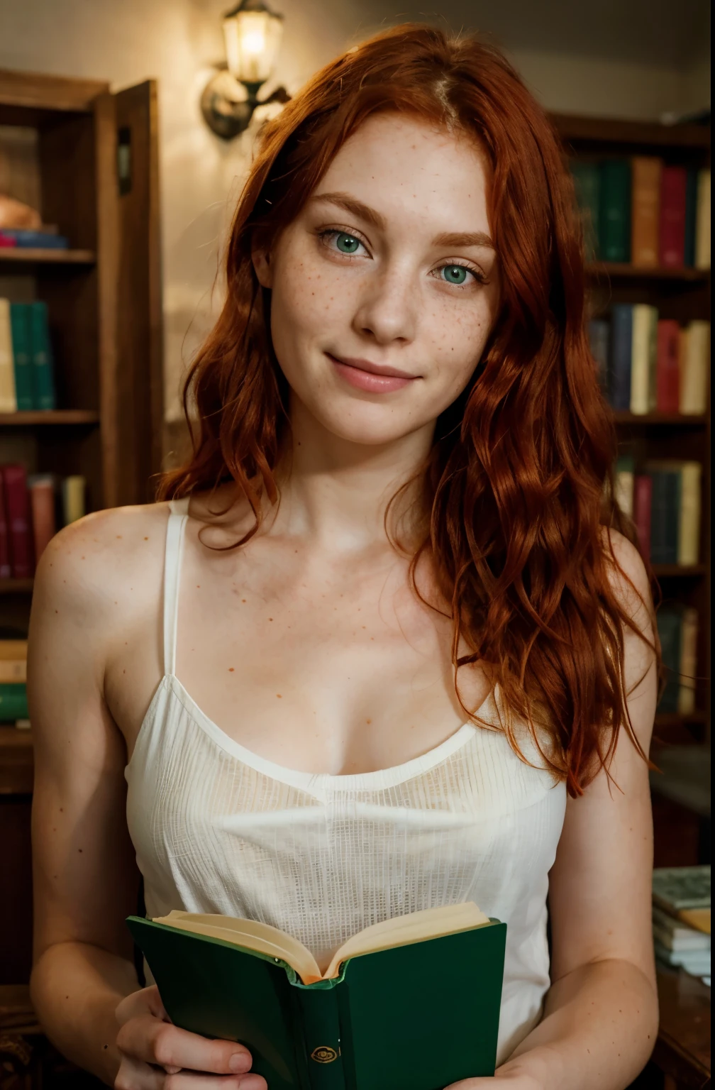 There is a skinny woman with red hair and green eyes, 8k raw photo,dark light, home library, freckles, wavy long red hair, reading book without name, delicate smile, detailed eyes, detailed face