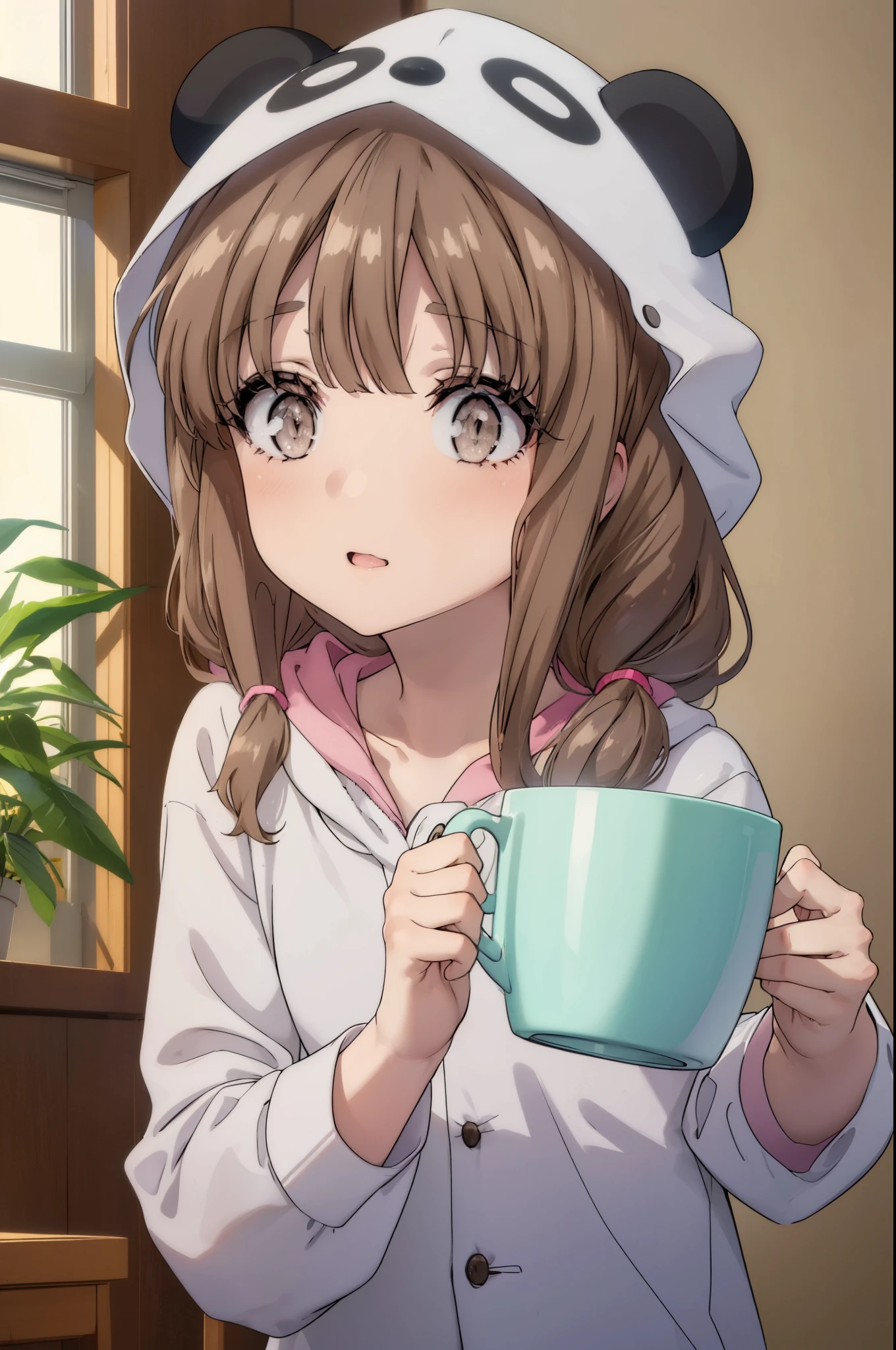 kaedeazusagawa, kaede azusagawa, long hair, bangs, brown hair, (brown eyes:1.5), smile, open your mouth,
break animal ears, hood, pajamas, animal hood, Animal Costumes, panda ears,sitting on the sofa,Holding a mug in both hands,morning,morning日
break indoors,部屋
break looking at viewer, (cowboy shot:1.5),
break (masterpiece:1.2), highest quality, High resolution, unity 8k wallpaper, (figure:0.8), (beautiful deしっぽed eyes:1.6), extremely deしっぽed face, perfect lighting,  (perfect hands, perfect anatomy),