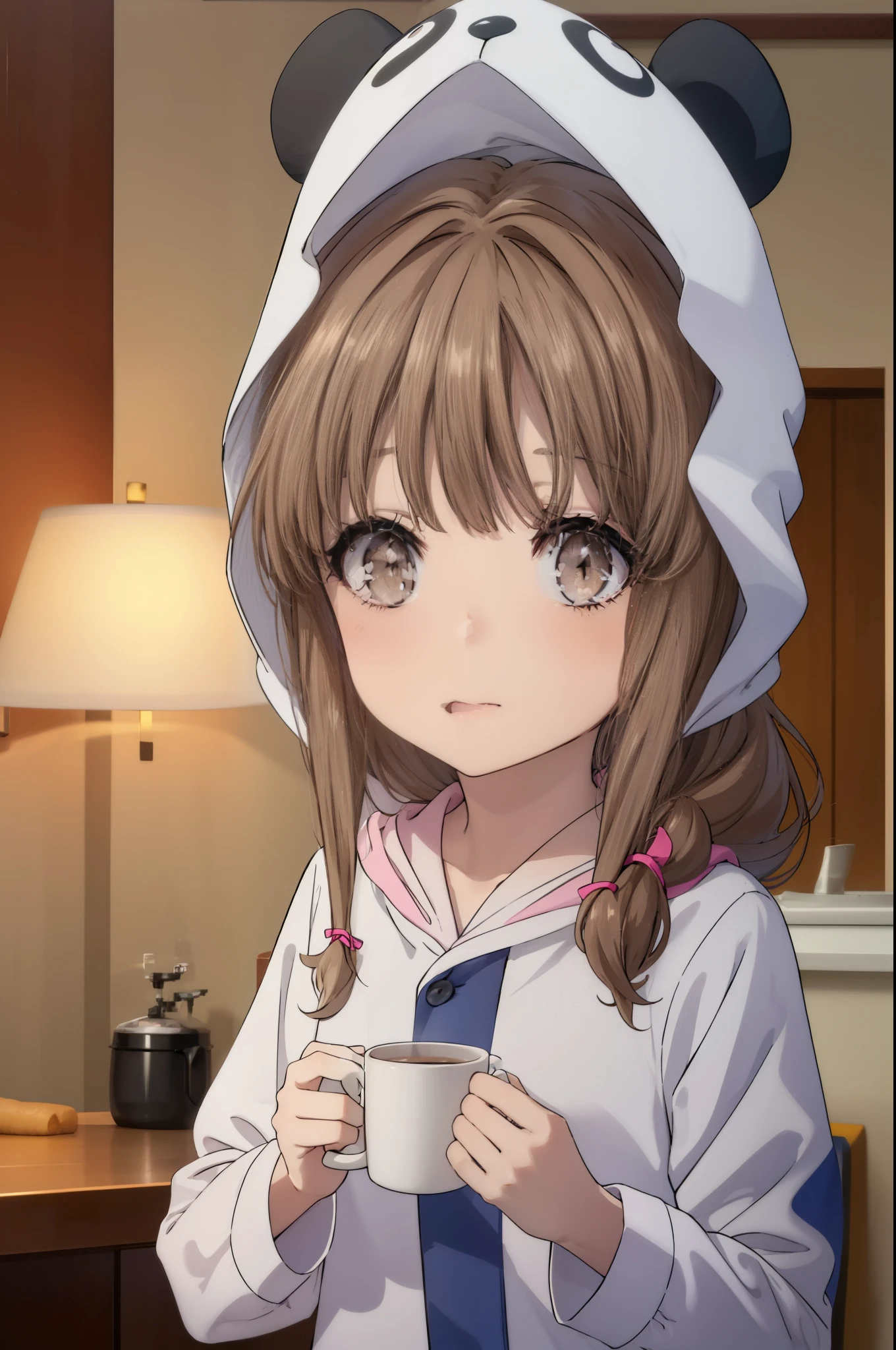 kaedeazusagawa, kaede azusagawa, long hair, bangs, brown hair, (brown eyes:1.5), smile, open your mouth,
break animal ears, hood, pajamas, animal hood, Animal Costumes, panda ears,sitting on the sofa,Holding a mug in both hands,morning,morning日
break indoors,部屋
break looking at viewer, (cowboy shot:1.5),
break (masterpiece:1.2), highest quality, High resolution, unity 8k wallpaper, (figure:0.8), (beautiful deしっぽed eyes:1.6), extremely deしっぽed face, perfect lighting,  (perfect hands, perfect anatomy),