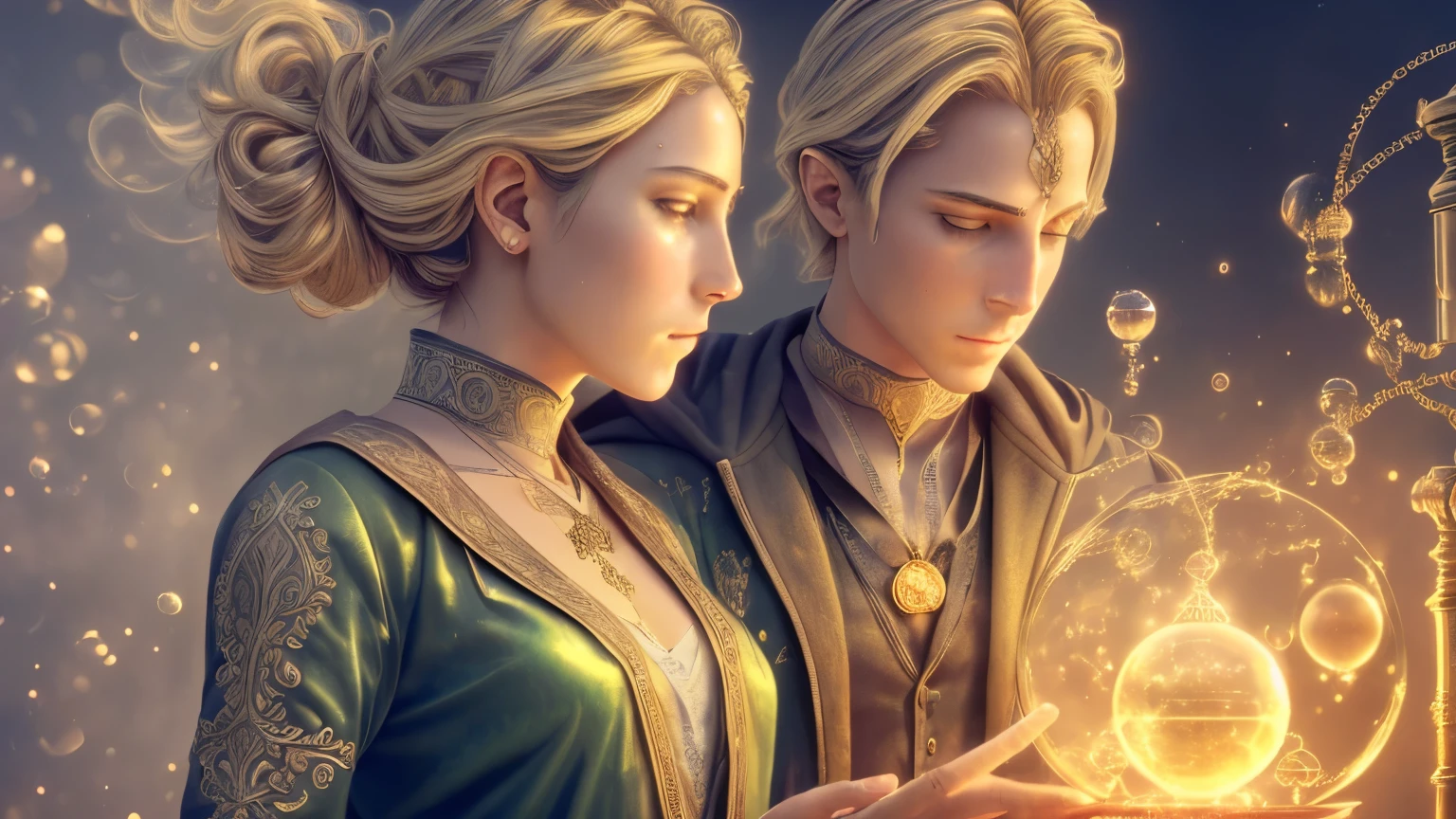 (best quality,4k,highres,masterpiece:1.2),ultra-detailed,realistic,photorealistic:1.37,a girl and a boy with androgynous features,alchemical symbols,transmutation,alchemy laboratory,golden hues,majestic lighting,surrealistic painting style,subtle magic,ethereal atmosphere,colorful potion bottles,elaborate robes,radiant glow,vibrant colors,intricate engravings,mysterious orbs,sharp focus,alchemy experiments,transcendent experience,elixir of life,duality of genders,transformation and balance