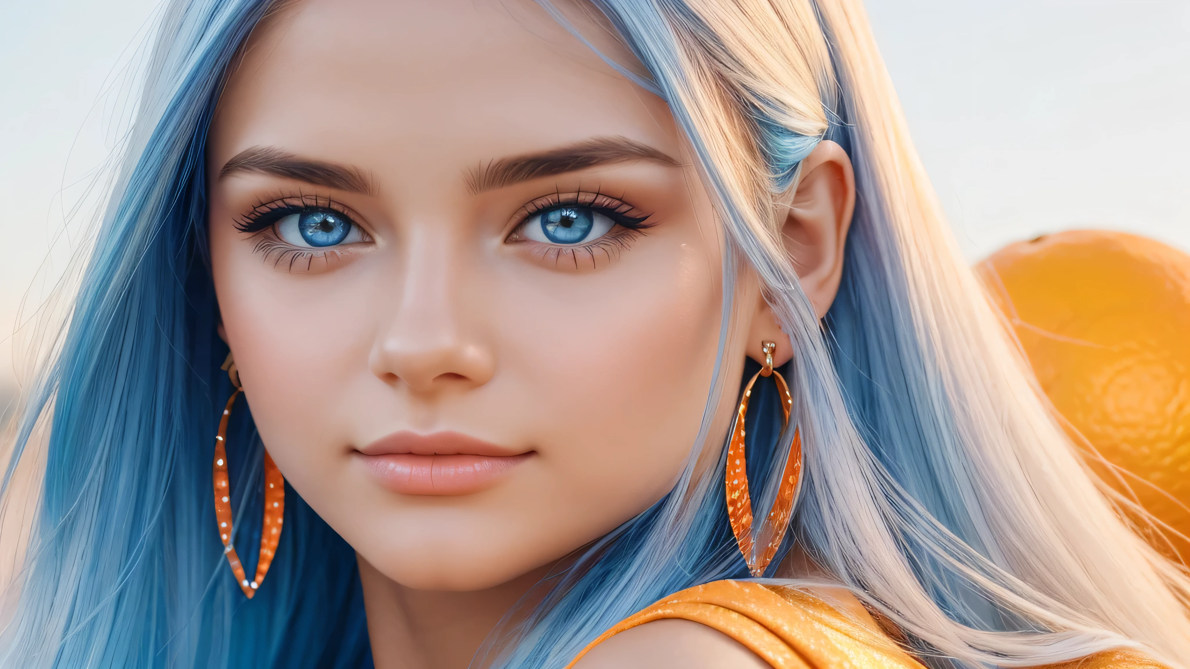 Beautiful realistic girl with BRIGHT WHITE-BLUE long hair ,Close-up of clean skin with detailed skin ,on an orange background ,bright makeup,EARRINGS WITH GLITTERS,high quality,soft colors,