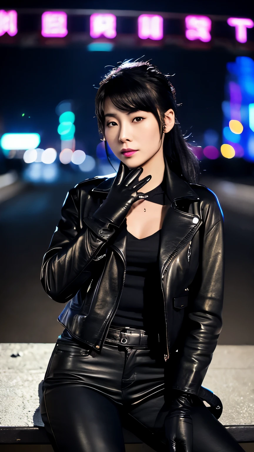 black leather rider jacket, office in the dark, Fingertips of black leather gloves on both hands,wearing black leather gloves,sitting in a black leather chair、 Japanese female new employee (black leather gloves cover both hands) (The angle is horizontal)、black leather leather pants,black leather black leather pants,black leather skinny pants、Long black leather boots on both feet、black hair ponytail ((He wears black leather gloves on his hands))Full body photo,full body shot full body full body leather suit,☺If you turn in this direction。wearing black leather gloves,wearing black leather gloves,wearing black leather gloves,wearing black leather gloves,wearing black leather gloves,wearing black leather gloves,黒のレザーパンツが美しい😍黒のレザーパンツが美しい😍黒のレザーパンツが美しい,😍I&#39;m smiling while looking at you,city lights、((neon cyberpunk city street:1.3))、(neon light)、detailed lighting