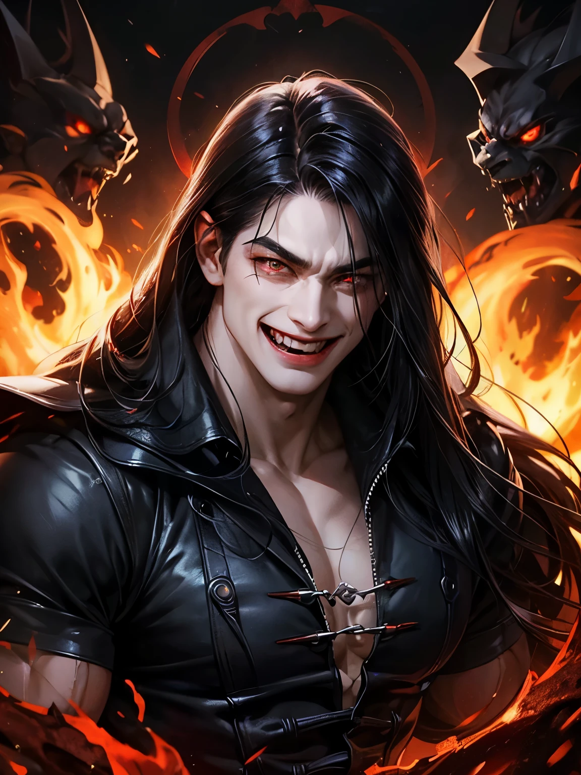 A face card of a male evil demon, black skin, long black straight hair, red evil eyes, muscular masculine body, darkness in background, evil shadows, controlling evil, laughing hysterically