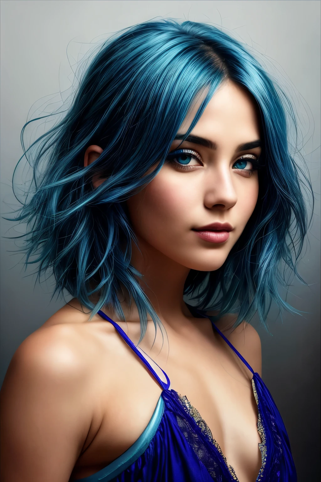 (RAW style, masterpiece, best quality, ultra-detailed), blue-haired woman, lost in music, lively and happy expression, striking stimulating eyes, attractive features, beautiful woman, expressive face, captivating gaze, radiant personality, vibrant aura, mesmerizing eyes, ultra high res, cinematic light, mood lighting, dramatic shadows, intricate details, high contrast, immaculate textures, soulful portrait.