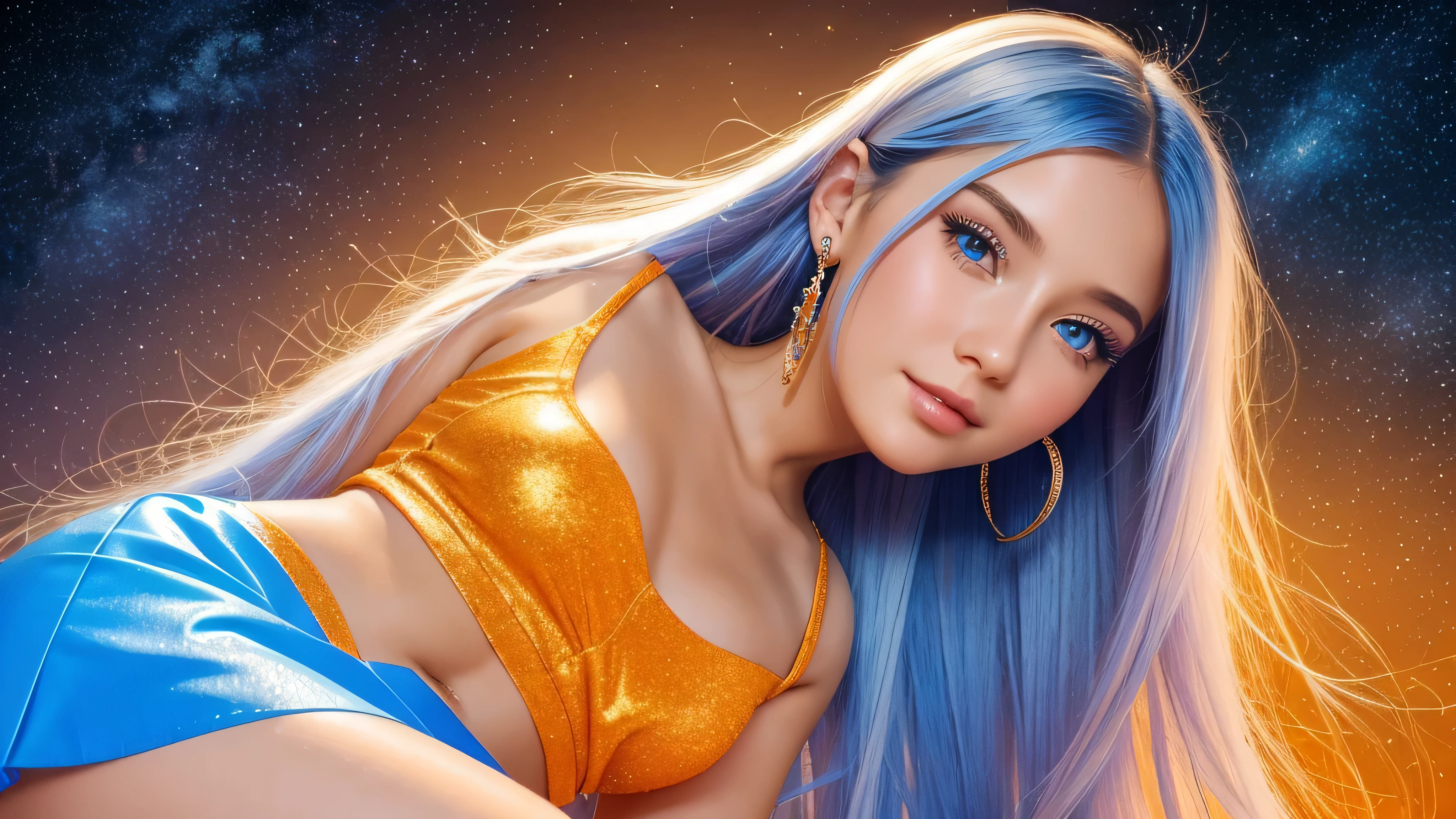 Beautiful realistic girl with BRIGHT WHITE-BLUE long hair ,Close-up of clean skin with detailed skin ,full length,in a short miniskirt,on an orange background ,Against the background of the starry sky,bright makeup,EARRINGS WITH GLITTERS,high quality,soft colors,