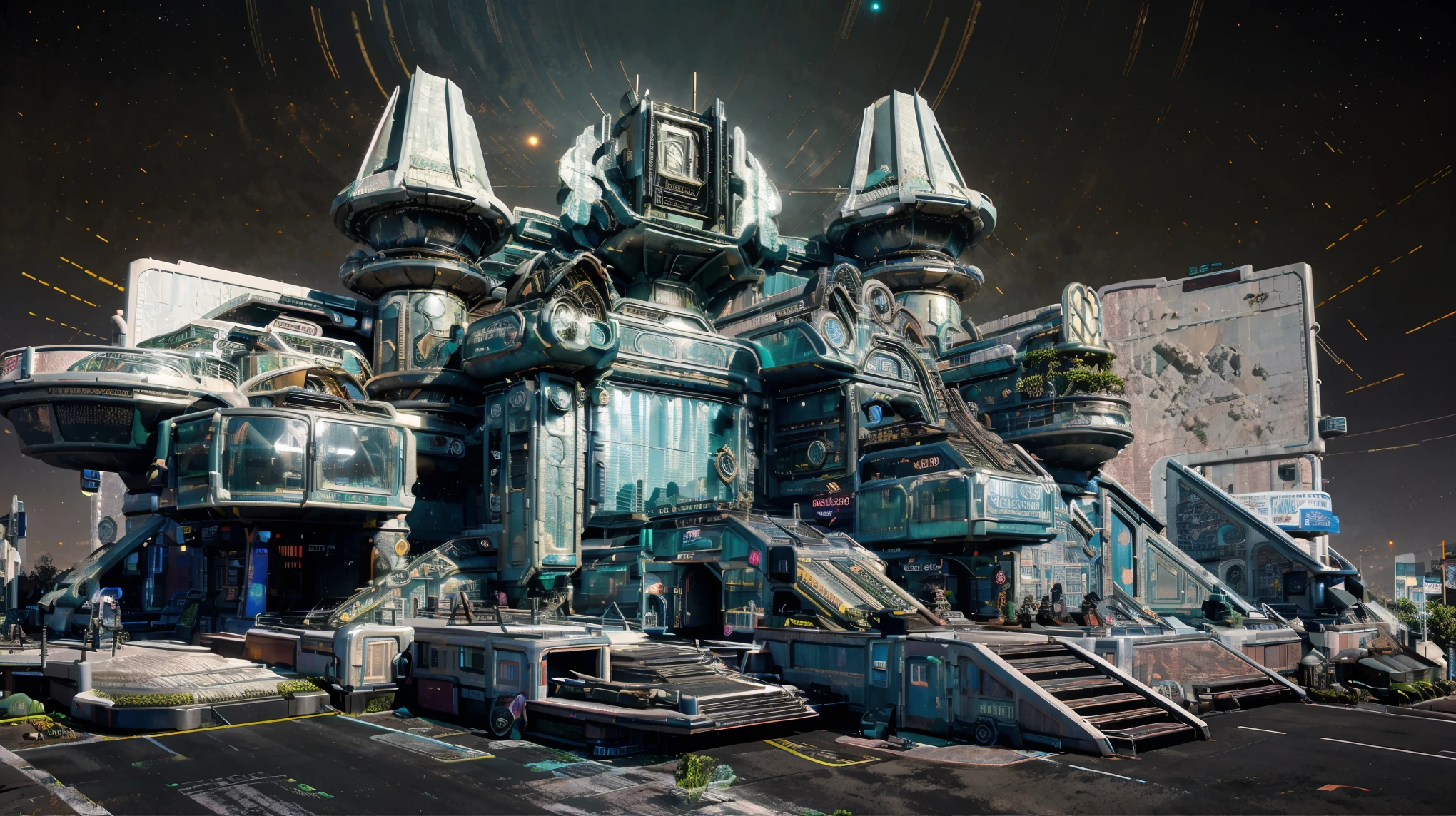 An alien world, a futuristic society with architectural structures sequenced to follow the patterns of Fibonacci and fractal-based quantum concepts, a sci-fi steampunk town Madmaxville, creative illusions of the future of mechanical and structural engineering, inspiring alien world, bold colors, earthy tones, moody metallic highlights, cinematic lighting, neon-lit, rain-soaked streets, holographic billboards