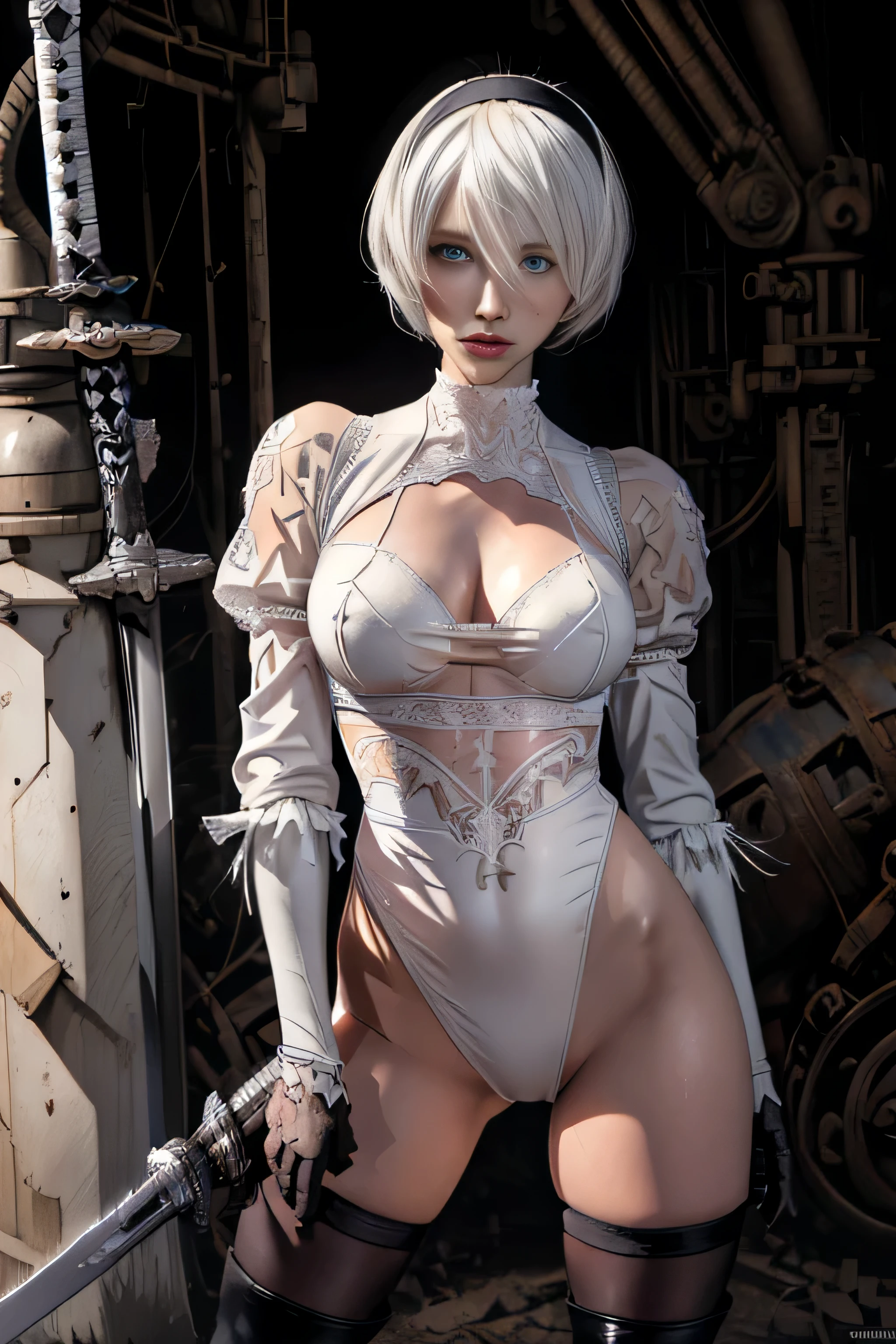 (black short dress:1.3), (spread your legs:1.0), (show panties:1.0), (white panties:1.4), (black long boots:1.8), (black hair band:1.4), (beautiful face:1.5), (detailed face:1.2), (blue eye masterpiece, 最high quality:1.4), (In the ruined big city), (remains of large machinery:1.5), (Battle against machine lifeforms:1.5), (full body shot:1.3), (1 girl), (has a big sword:1.7), alone, (beautiful european:1.2), YoRHa field.2 type b, (white short hair:1.5), hyperrealistic, high resolution skin, high quality, highly detailed face, highly detailed skin, skin pores, scattered below the surface, realistic pupils, Medium chest, The whole face turns red, lip whole, detailed background, written boundary depth, volume lighting, sharp focus, confused, realistic proportions, excellent anatomy, (realistic, hyperrealistic:1.4)