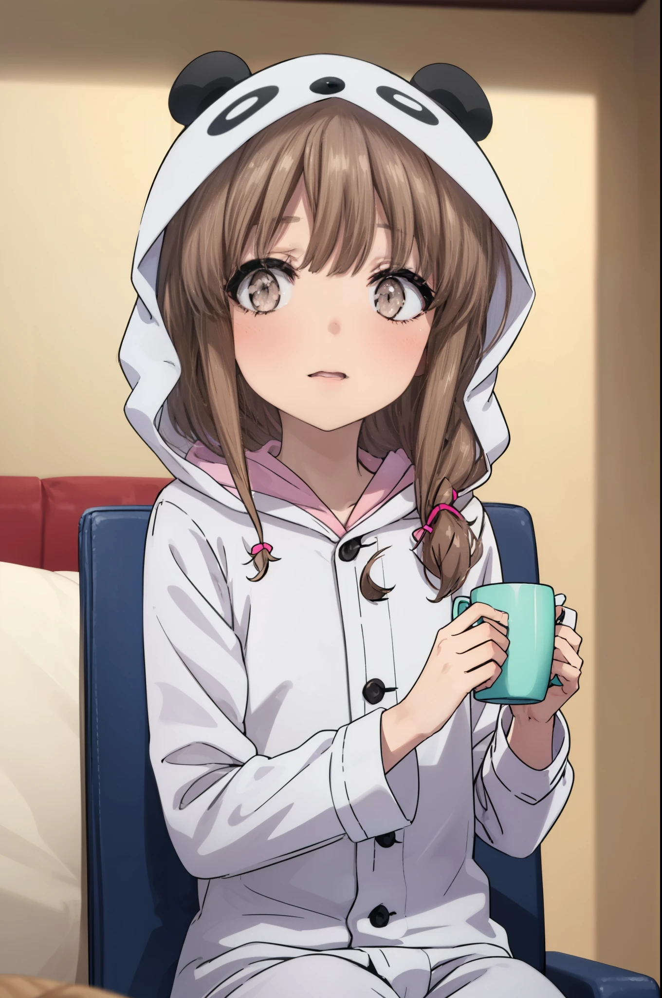 kaedeazusagawa, kaede azusagawa, long hair, bangs, brown hair, (brown eyes:1.5), smile, open your mouth,blush,
break animal ears, hood, pajamas, animal hood, Animal Costumes, panda ears,sitting on the sofa,Holding a mug in both hands,morning,morning日
break indoors,部屋
break looking at viewer, (cowboy shot:1.5),
break (masterpiece:1.2), highest quality, High resolution, unity 8k wallpaper, (figure:0.8), (beautiful deしっぽed eyes:1.6), extremely deしっぽed face, perfect lighting,  (perfect hands, perfect anatomy),