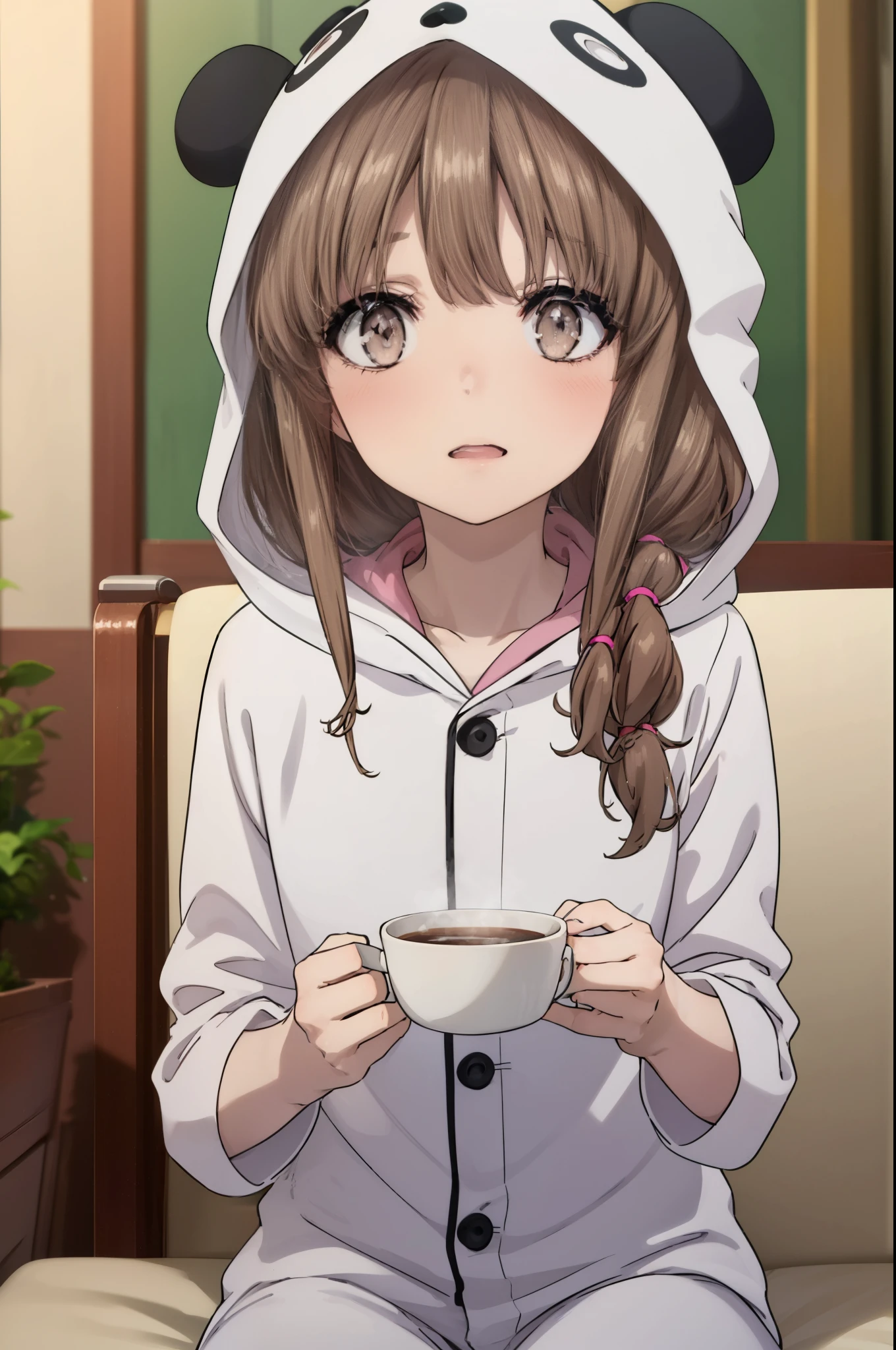 kaedeazusagawa, kaede azusagawa, long hair, bangs, brown hair, (brown eyes:1.5), smile, open your mouth,blush,
break animal ears, hood, pajamas, animal hood, Animal Costumes, panda ears,sitting on the sofa,Holding a mug in both hands,morning,morning日
break indoors,部屋
break looking at viewer, (cowboy shot:1.5),
break (masterpiece:1.2), highest quality, High resolution, unity 8k wallpaper, (figure:0.8), (beautiful deしっぽed eyes:1.6), extremely deしっぽed face, perfect lighting,  (perfect hands, perfect anatomy),