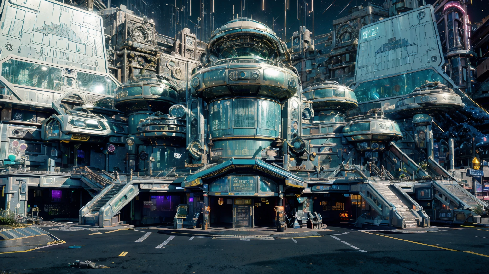 An alien world, a futuristic society with architectural structures sequenced to follow the patterns of Fibonacci and fractal-based quantum concepts, a sci-fi steampunk town Madmaxville, creative illusions of the future of mechanical and structural engineering, inspiring alien world, bold colors, earthy tones, moody metallic highlights, cinematic lighting, neon-lit, rain-soaked streets, holographic billboards