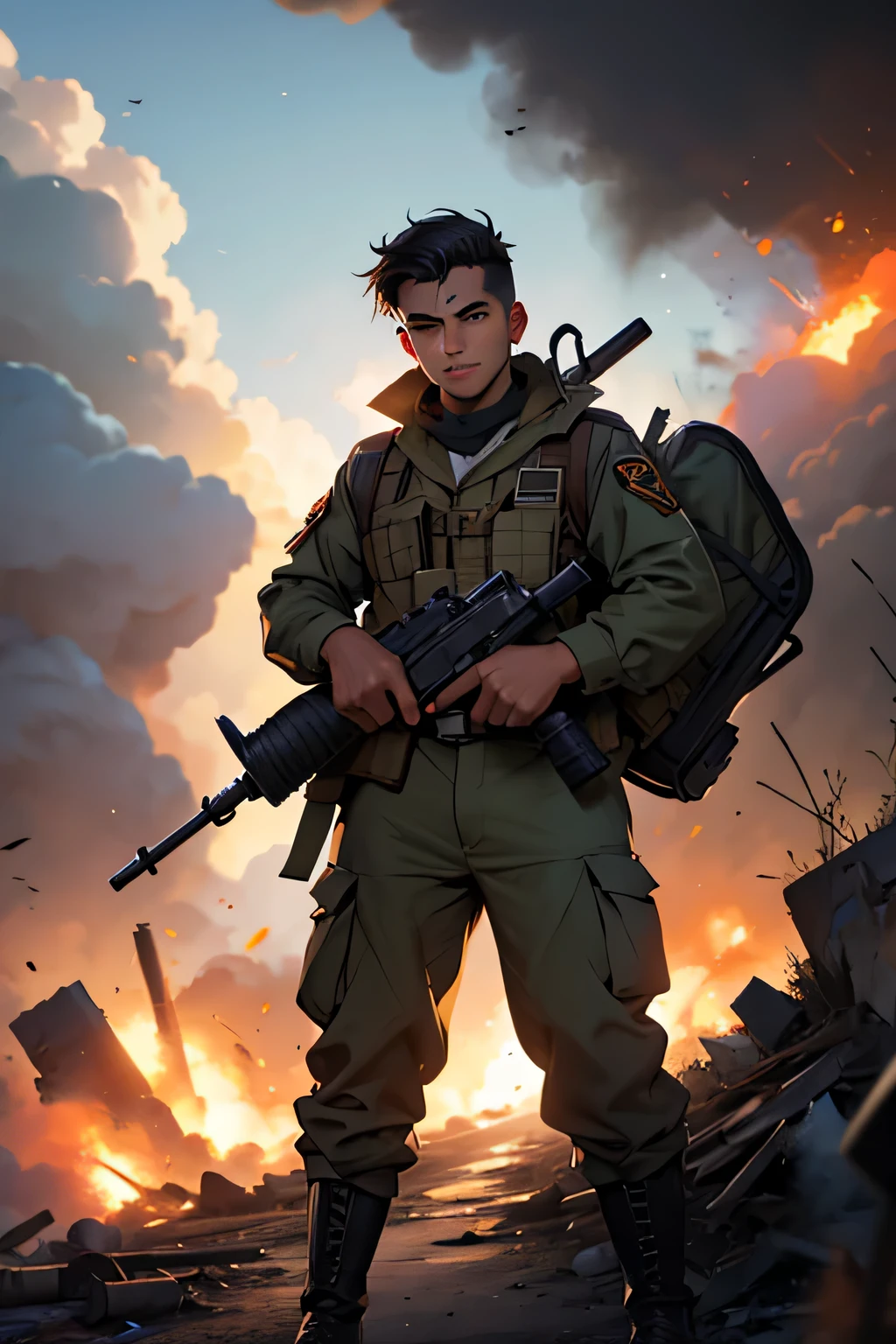 GUERREIRO homem, personagem masculino, soldado, COM Sua arma, em uma guerra, lots of smoke and bombs exploding, guerra, segurando um fuzil M1 Garand