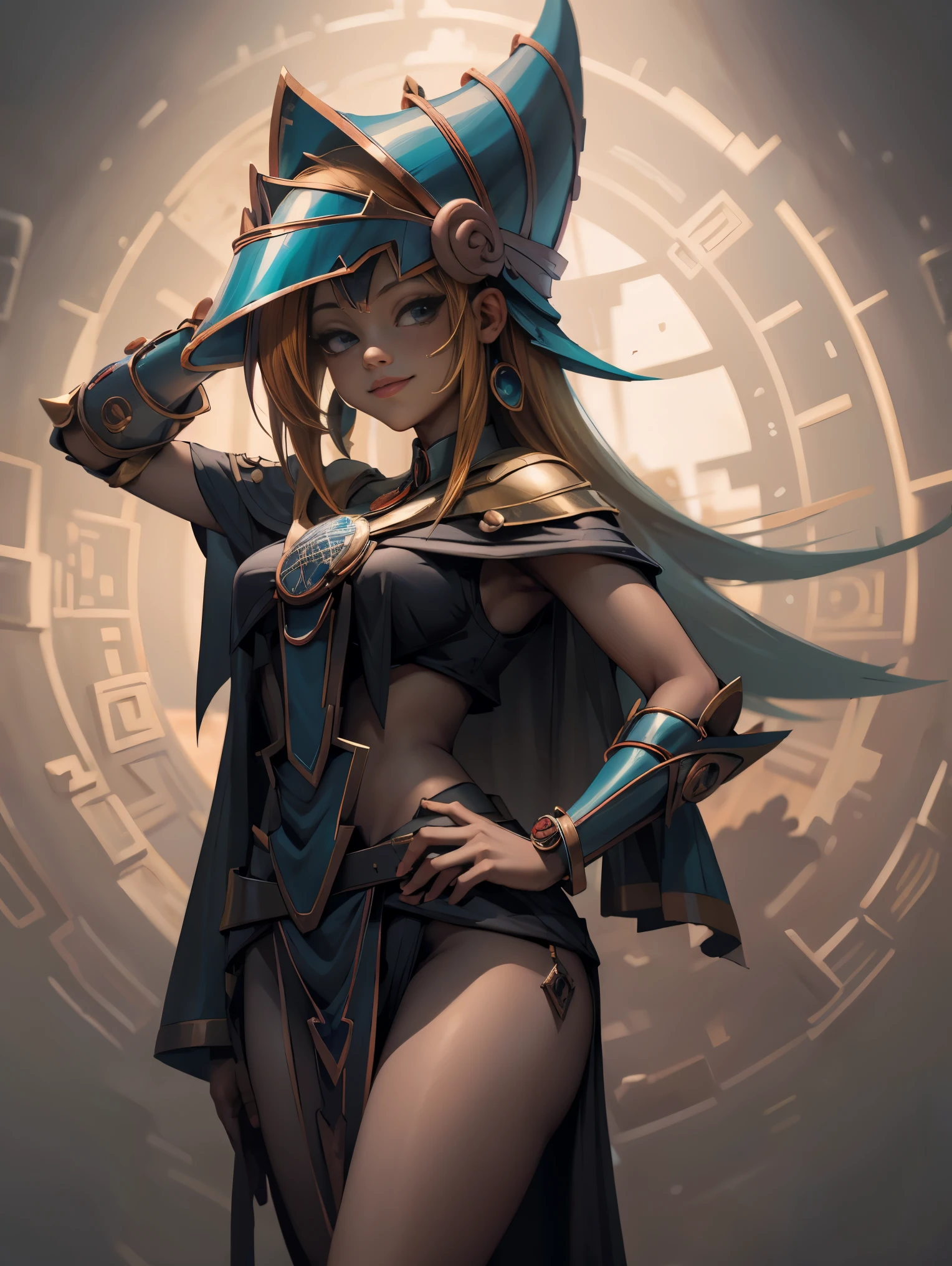 Woman of 25 Dark magician gils Mayan version she is standing, Magic hearts background. Sonrisa en sus labios. Ojos celestes. Cabello dorado. Where to find Mayan ruins . Un ave quetzal vuela a su alrededor