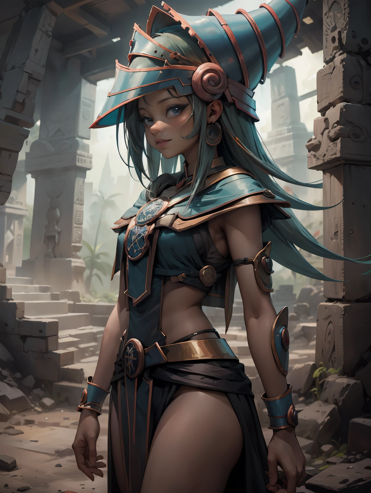 Woman of 25 Dark magician gils Mayan version she is standing, Magic hearts background. Sonrisa en sus labios. Ojos celestes. Cabello dorado. Where to find Mayan ruins . Un ave quetzal vuela a su alrededor