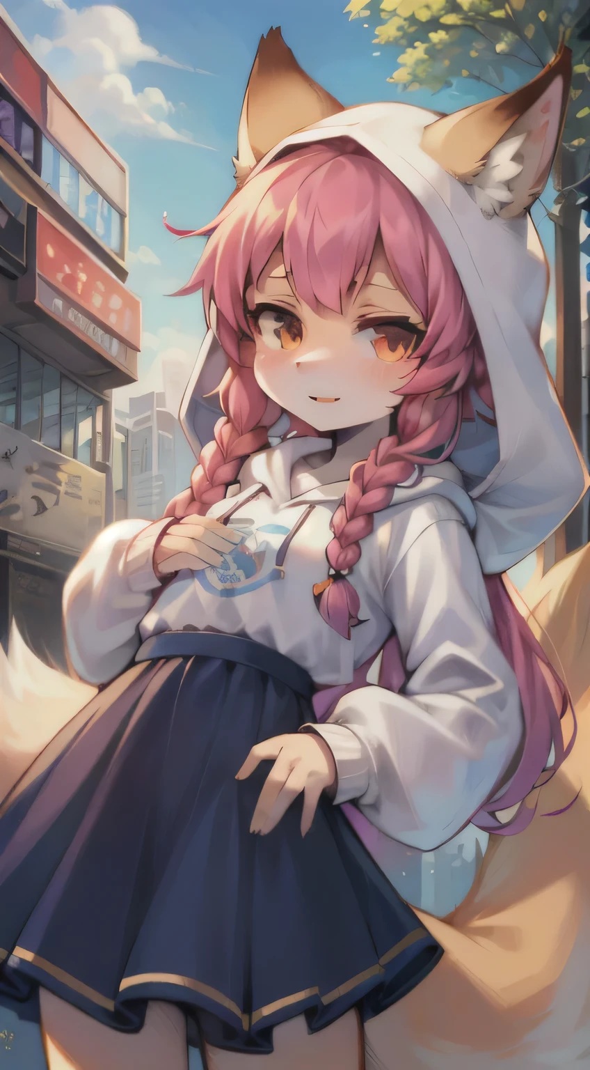 Amidst the bustling city of Tokyo, a  girl with a pair of alluring fox ears stands still, looking directly at the viewer with an inquisitive expression. Her multicolored hair, adorned with a vibrant hair ornament, falls in twin braids that cascade down her back. Her fox tail, as fluffy as a cloud, swishes gently behind her. With a badge of her favorite anime character pinned to her chest, she wears a white hoodie with clothes writing, the hood down to reveal her bangs framing her face. Her straight-up attire includes a long-sleeved white shirt and a blue skirt, and she shows