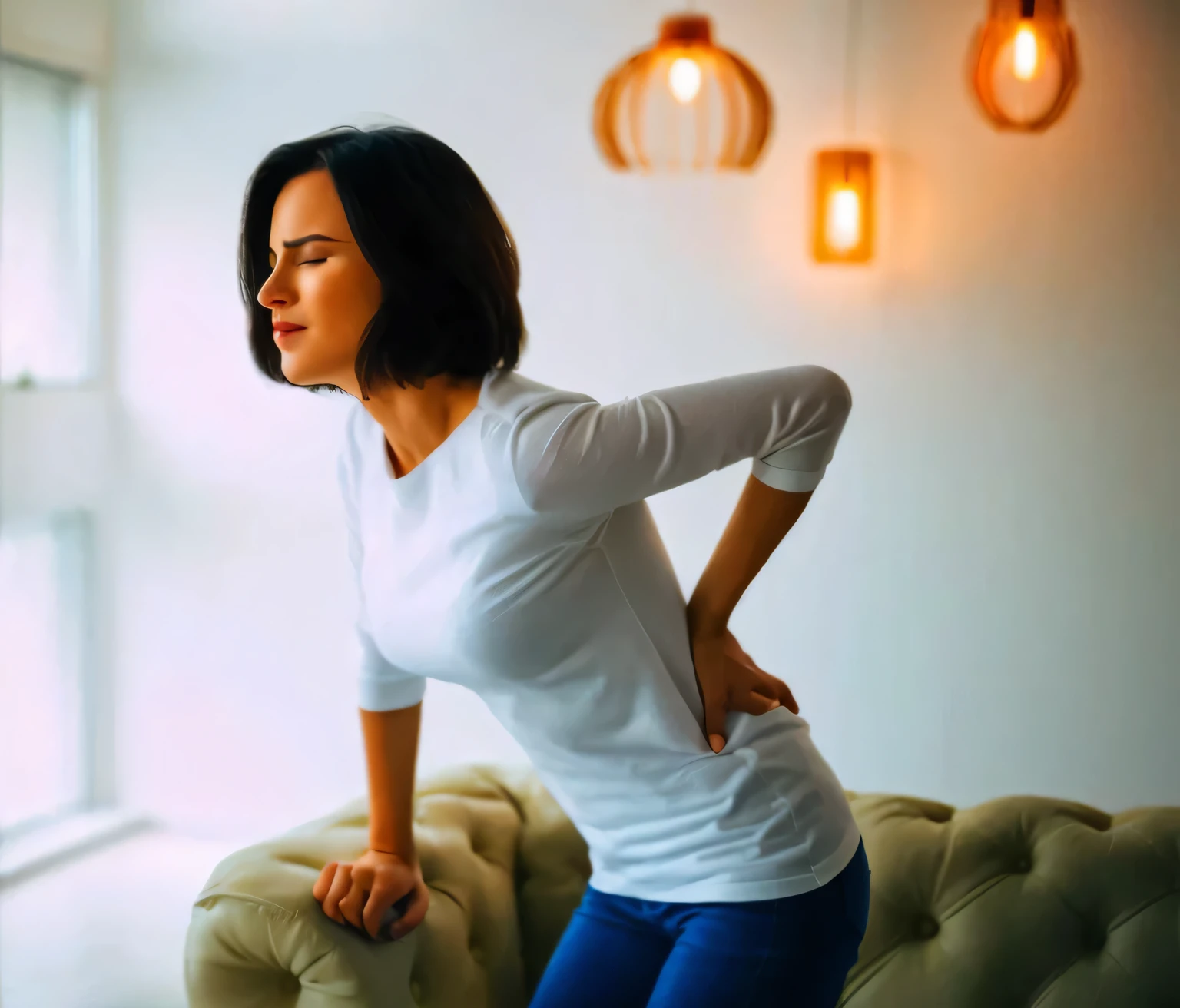 blonde woman with back pain sitting on a sofa in a living room, back and standing, postura relaxada, woman is sitting, Voltar - Iluminado, na dor, with your back to us, se recuperando da dor, Mulher posando, postura curvada, From front to back, Foto de uma mulher, Backlight diffraction, retroiluminado, pose de costas, doloroso