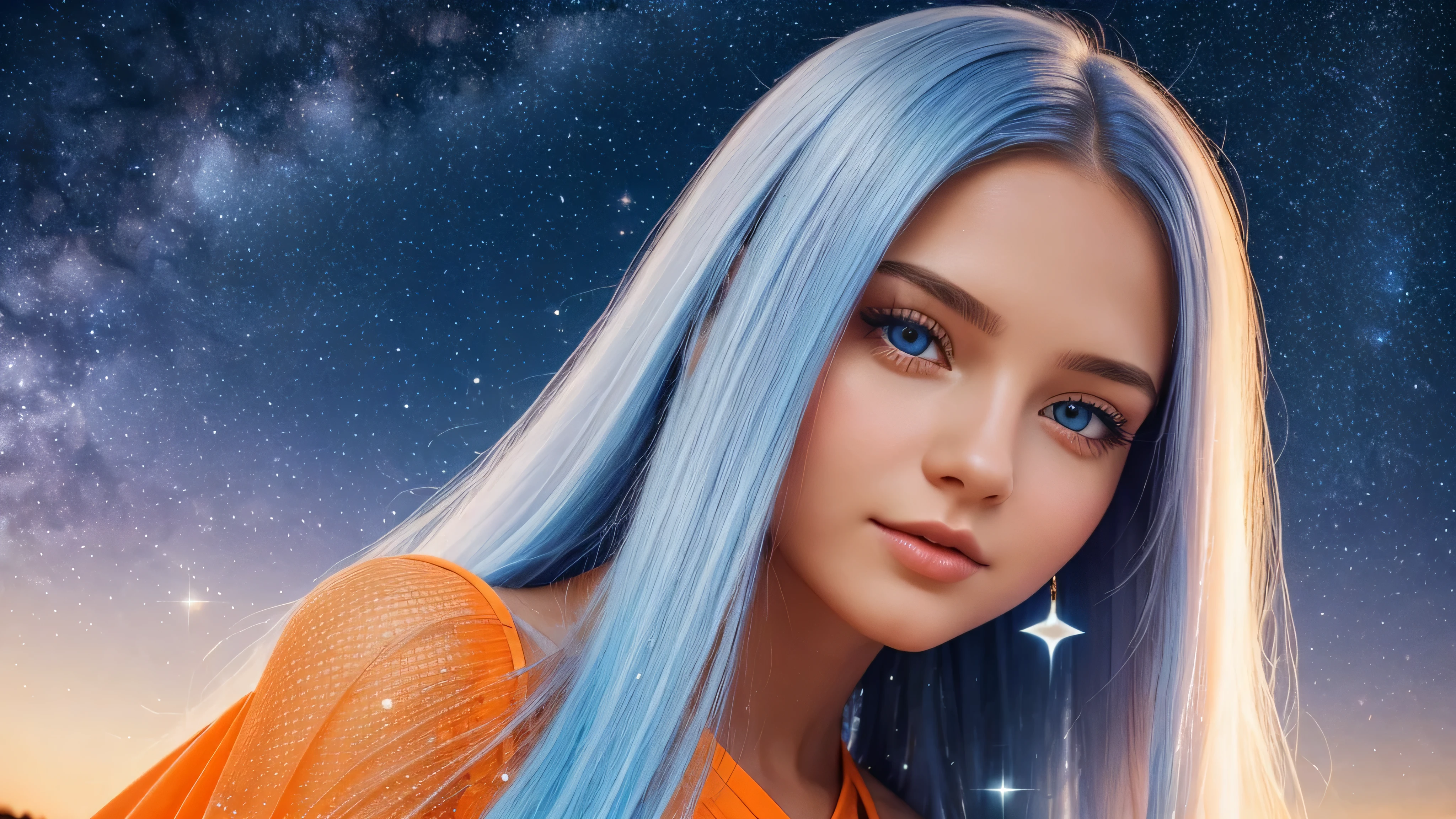 Beautiful realistic girl with BRIGHT WHITE-BLUE long hair ,Close-up of clean skin with detailed skin ,full length,in a short miniskirt,on an orange background ,Against the background of the starry sky,bright makeup,EARRINGS WITH GLITTERS,high quality,soft colors,
