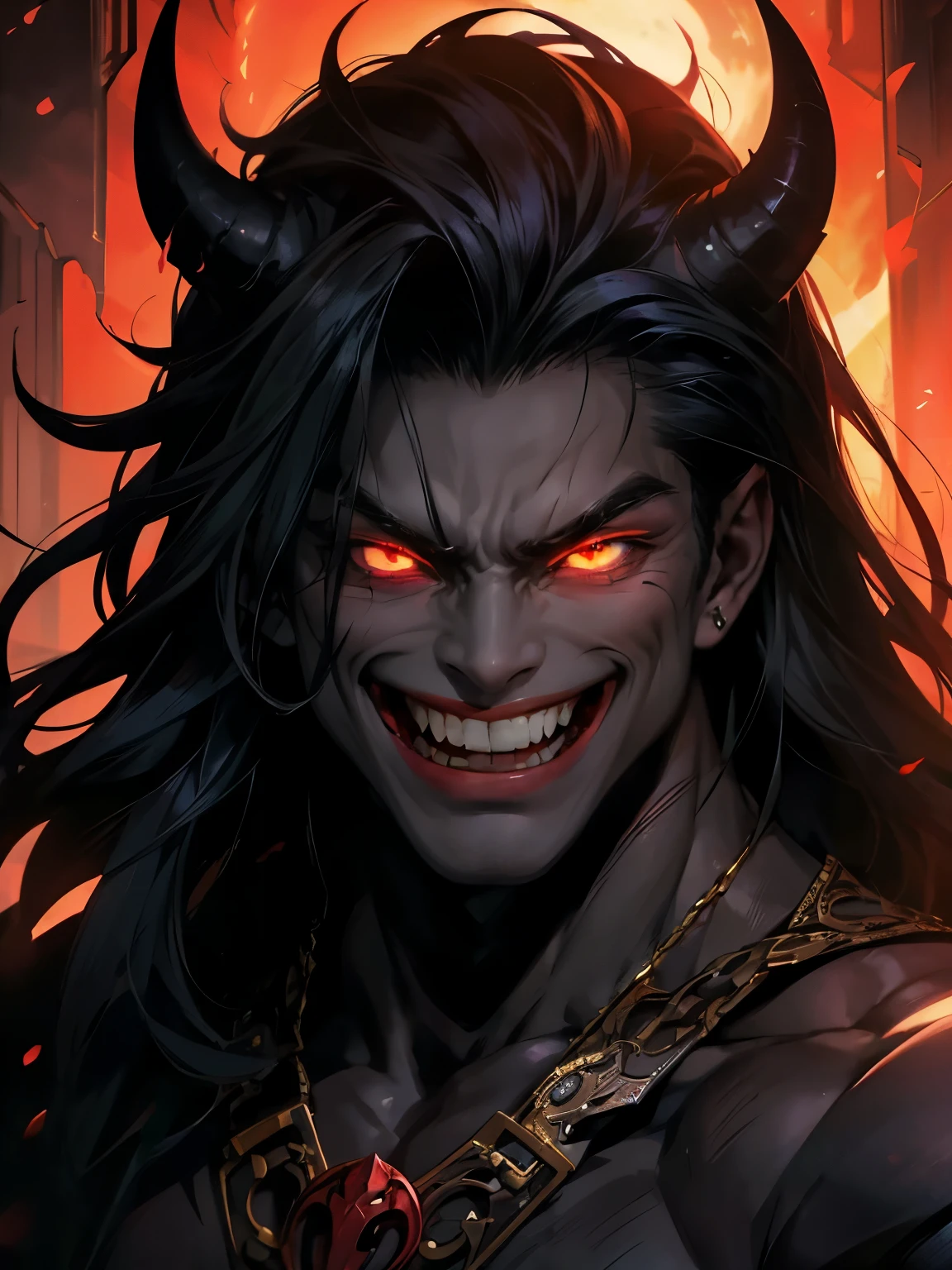 A face card of a male evil demon, black skin, long black straight hair, red evil eyes, muscular masculine body, darkness in background, evil shadows, controlling evil, laughing hysterically